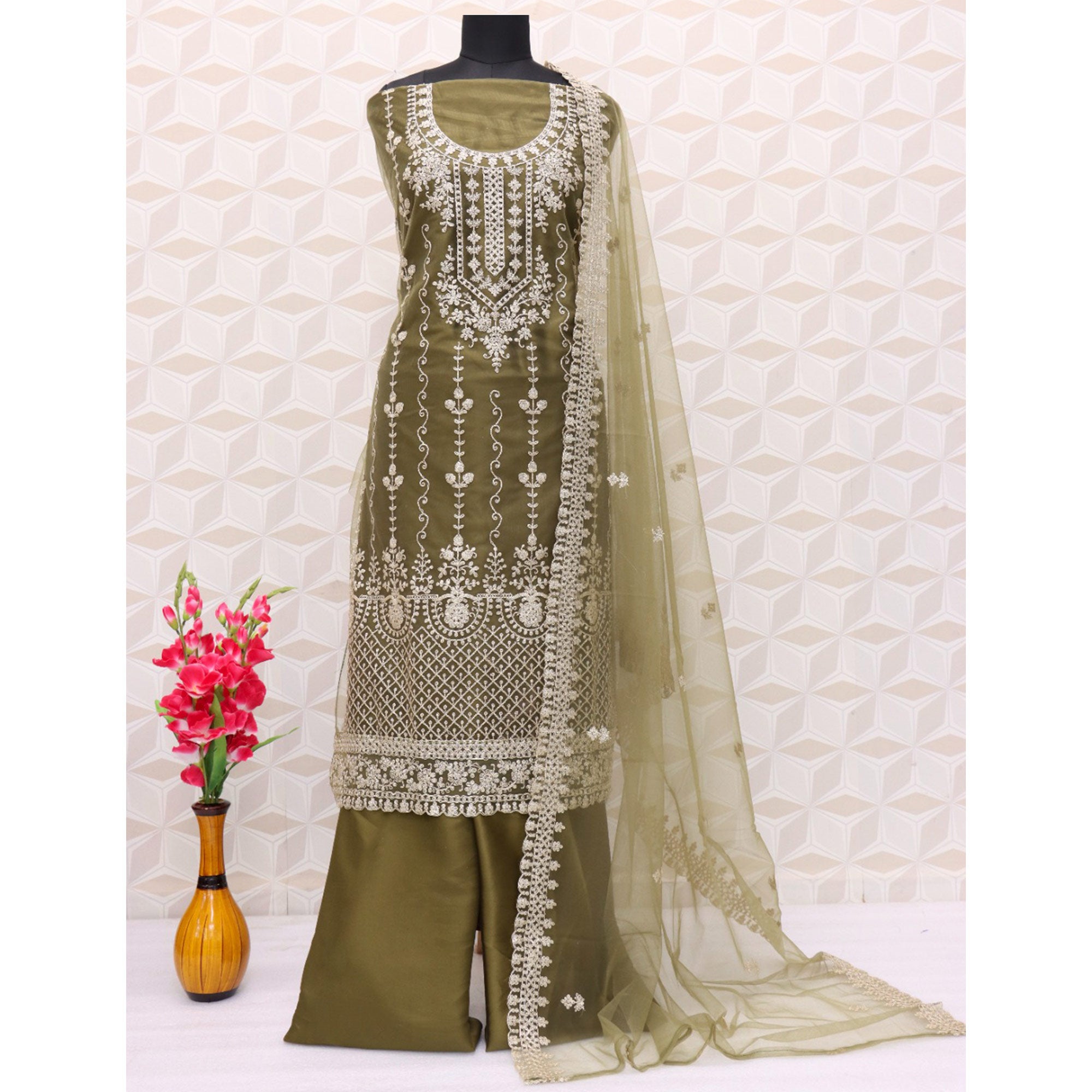 Mehndi Green Sequins Embroidered Net Semi Stitched Pakistani Suit
