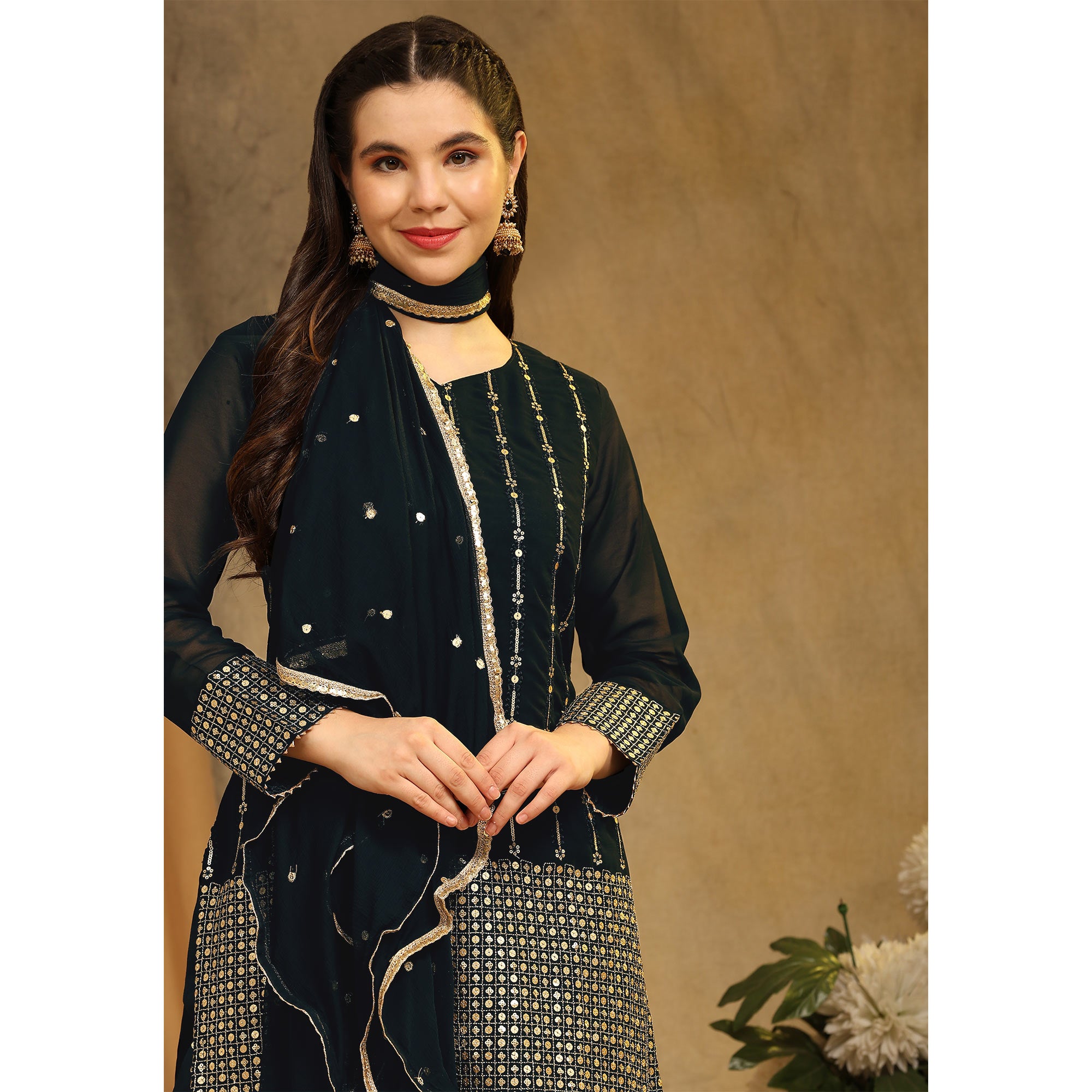 Black Sequins Embroidered Georgette Semi Stitched Salwar Suit