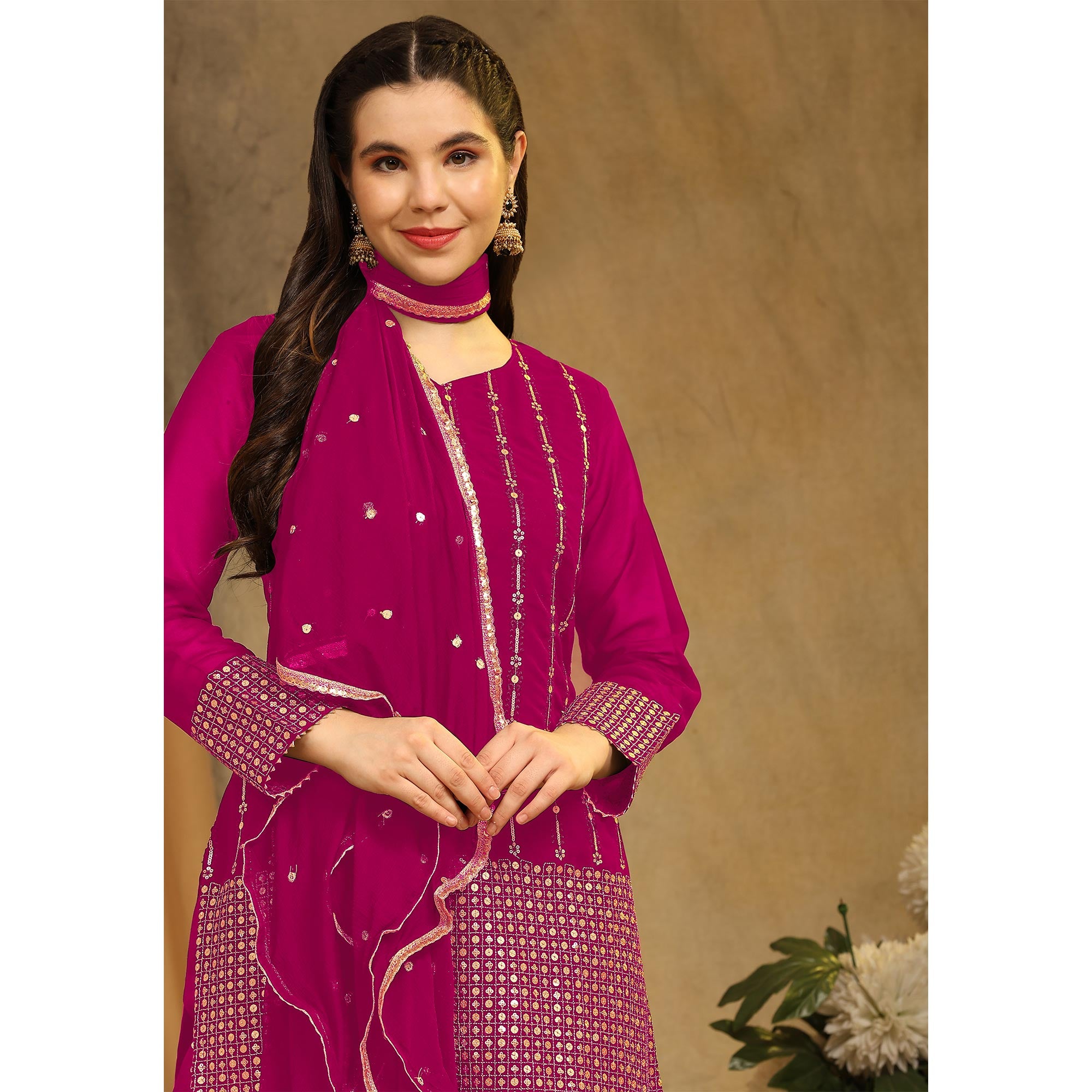 Rani Pink Sequins Embroidered Georgette Semi Stitched Salwar Suit