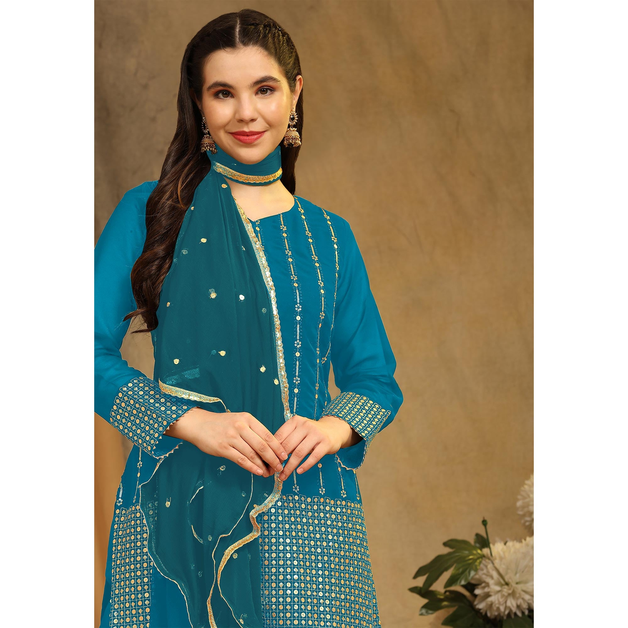 Rama Blue Sequins Embroidered Georgette Semi Stitched Salwar Suit