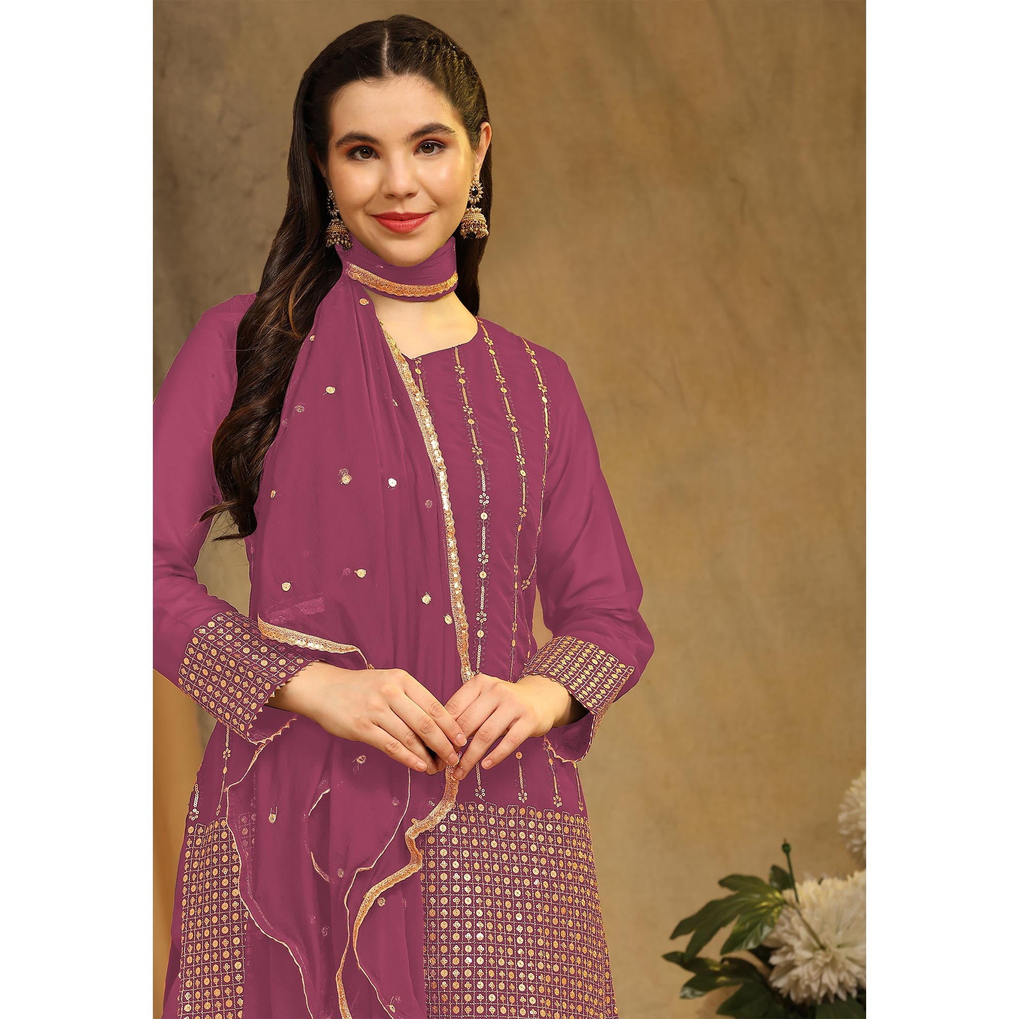 Pink Sequins Embroidered Georgette Semi Stitched Salwar Suit