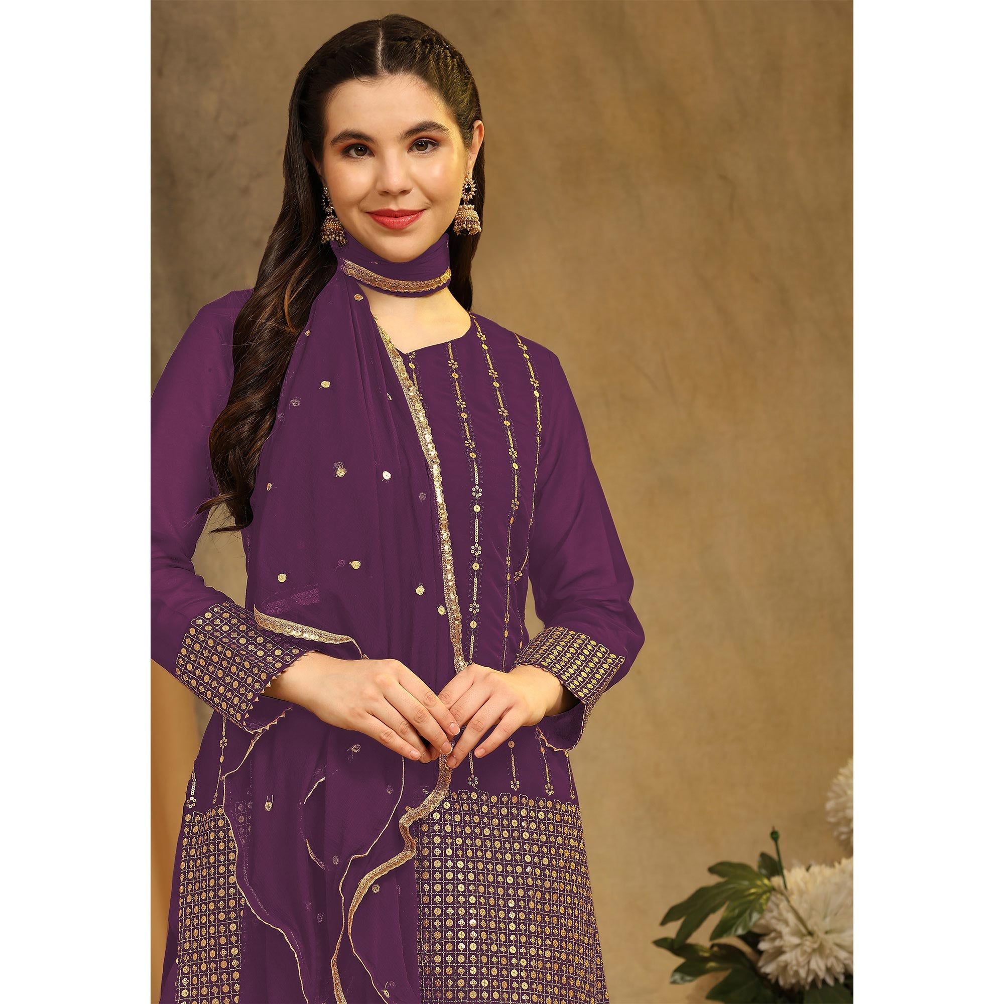 Wine Sequins Embroidered Georgette Semi Stitched Salwar Suit