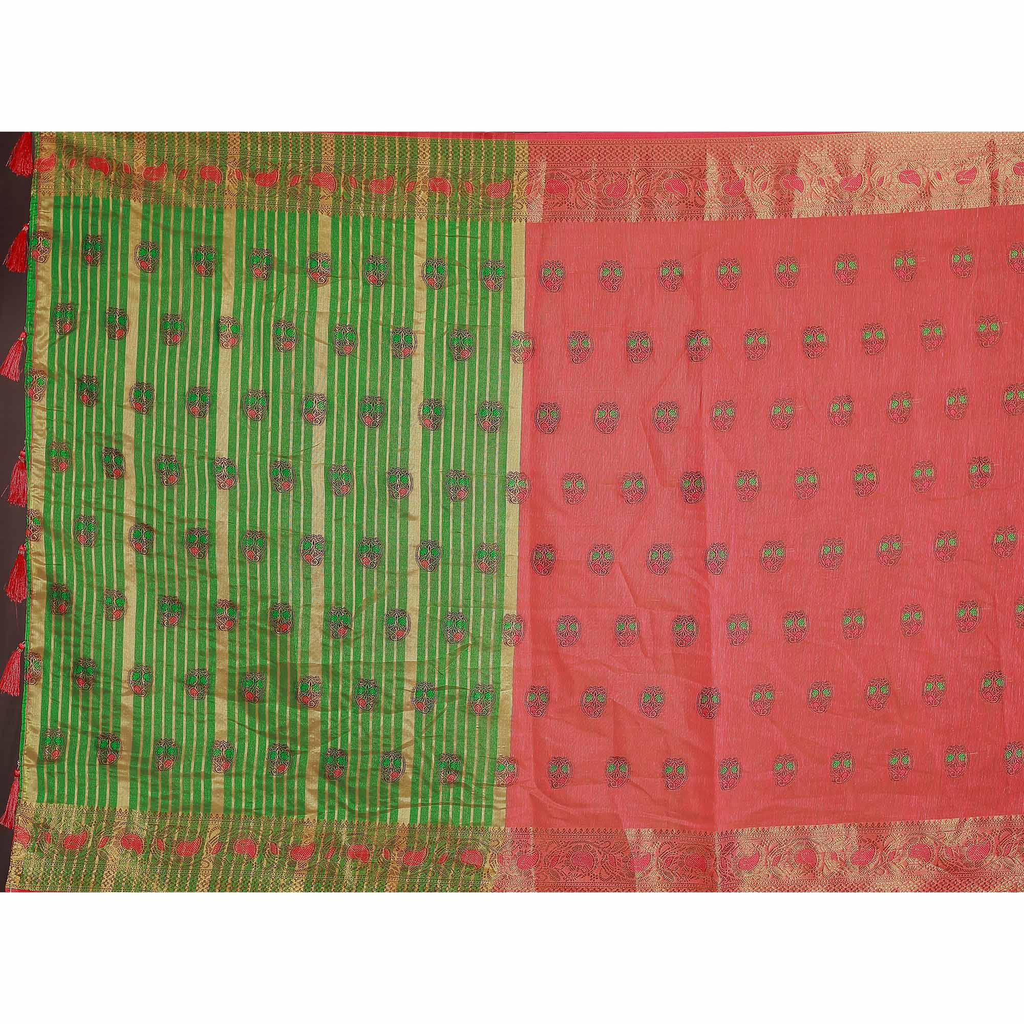 Red Floral Woven Cotton Silk Saree With Tassels