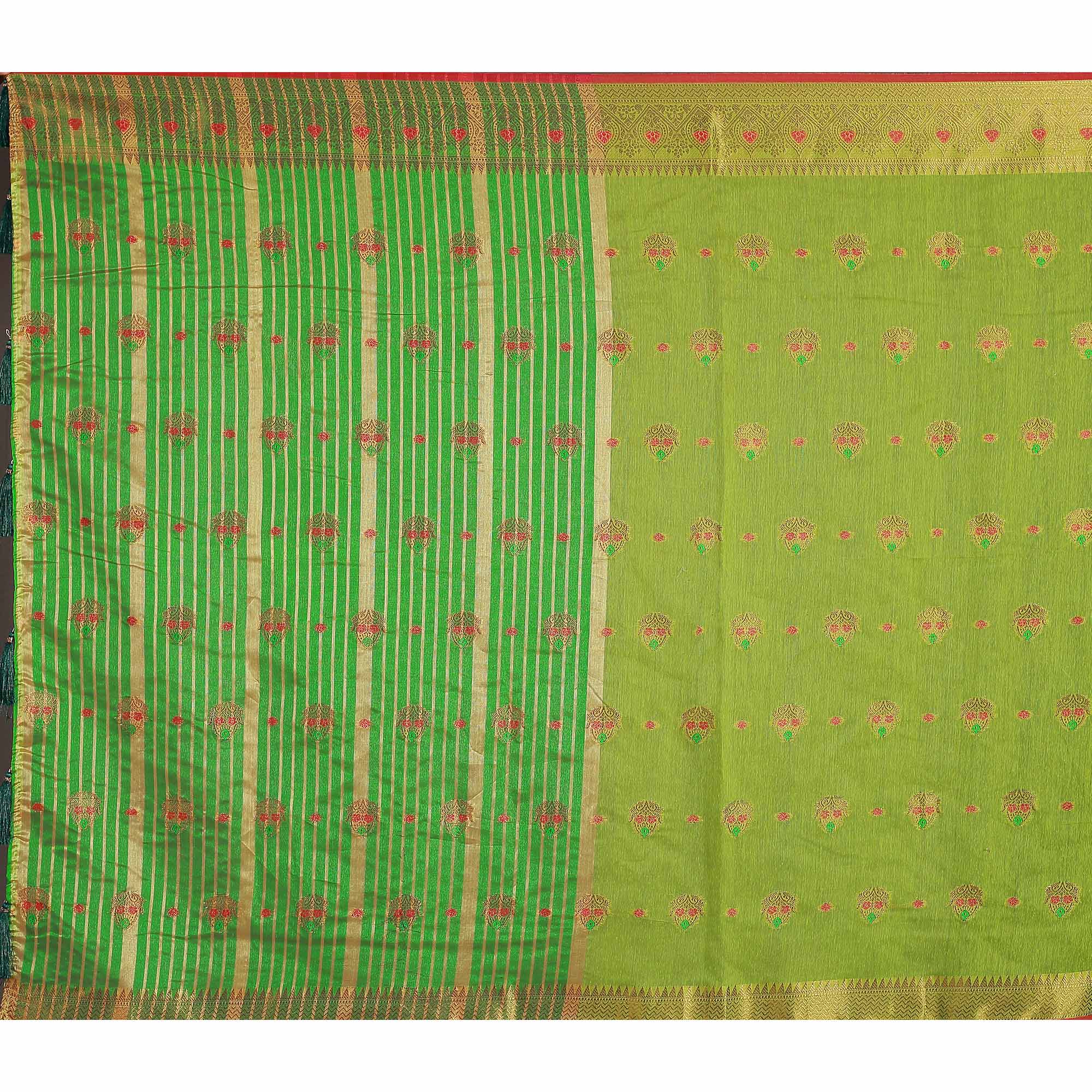 Green Floral Woven Cotton Silk Saree With Tassels