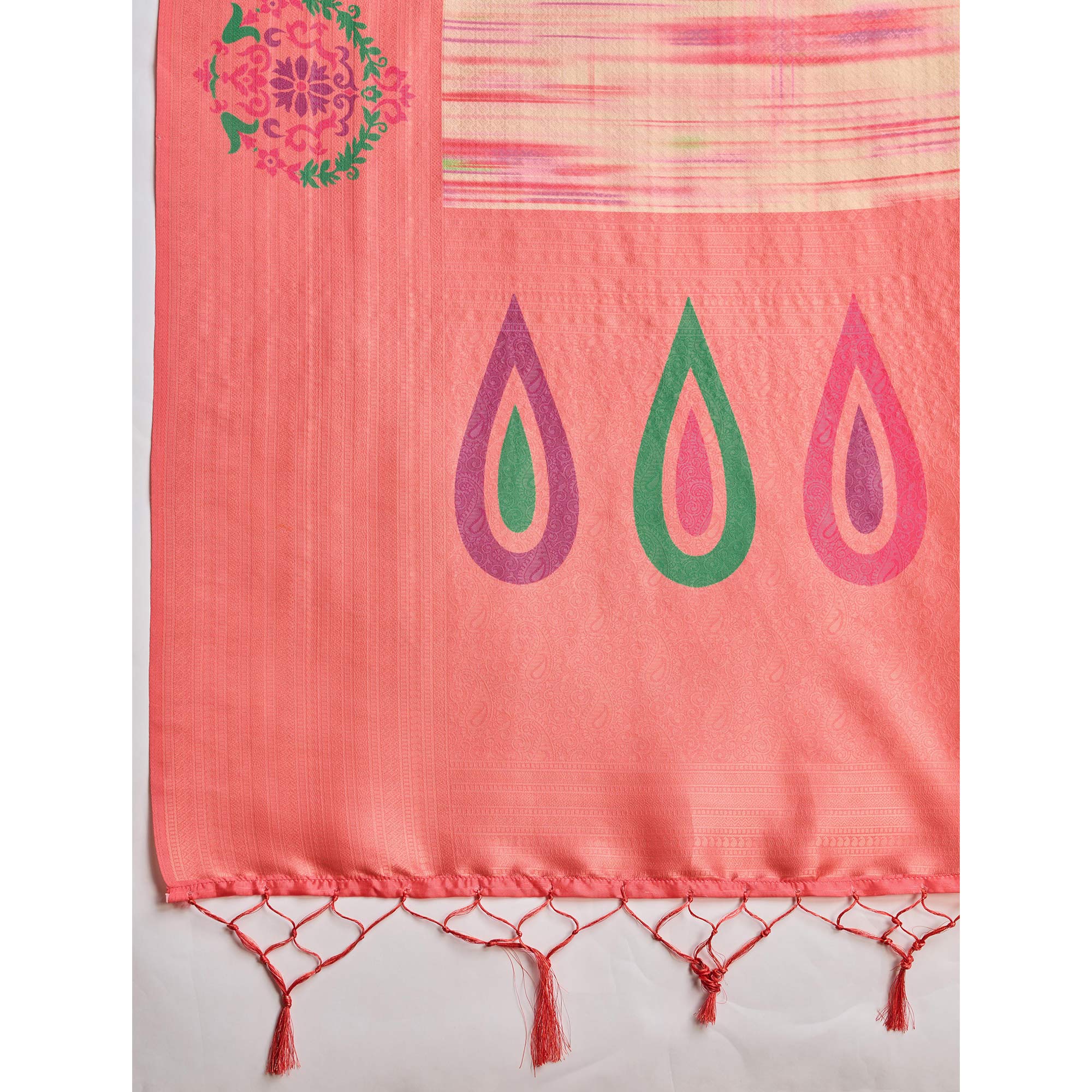 Peach Kanoko Print Weaving Soft Banarasi Silk Saree