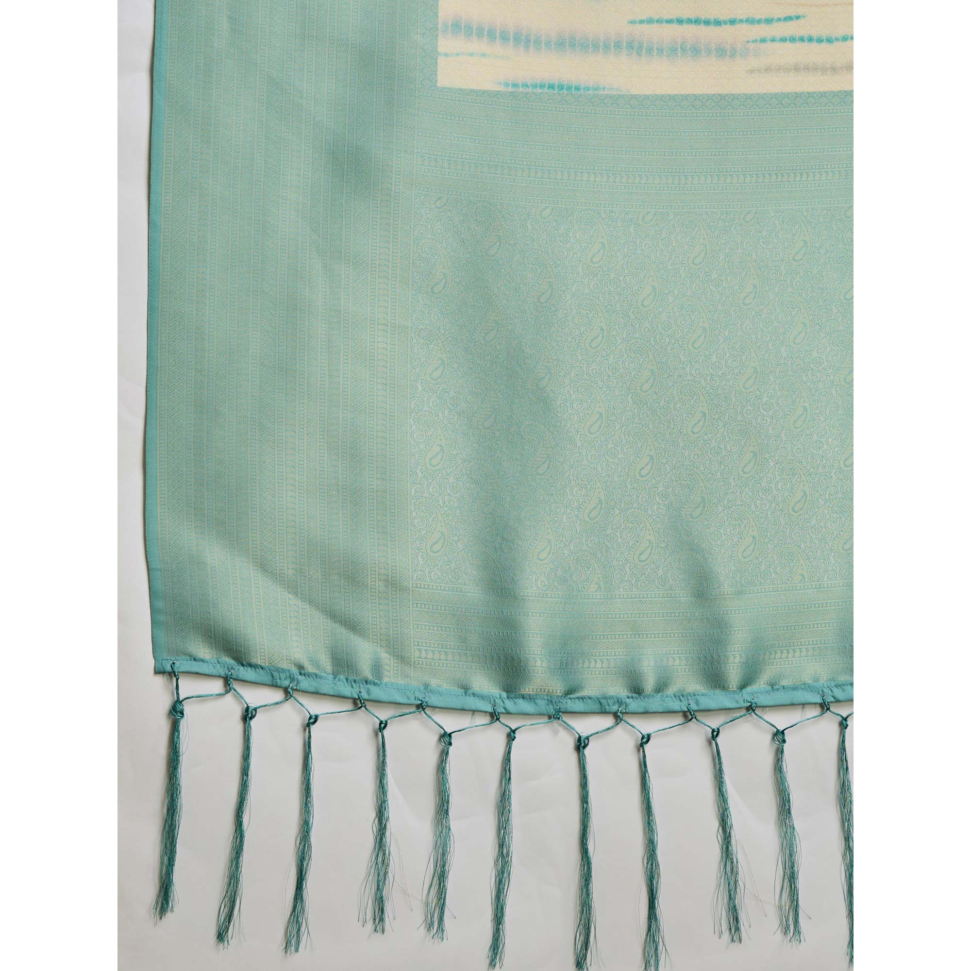 Turquoise Woven With Digital Printed Banarasi Silk Saree
