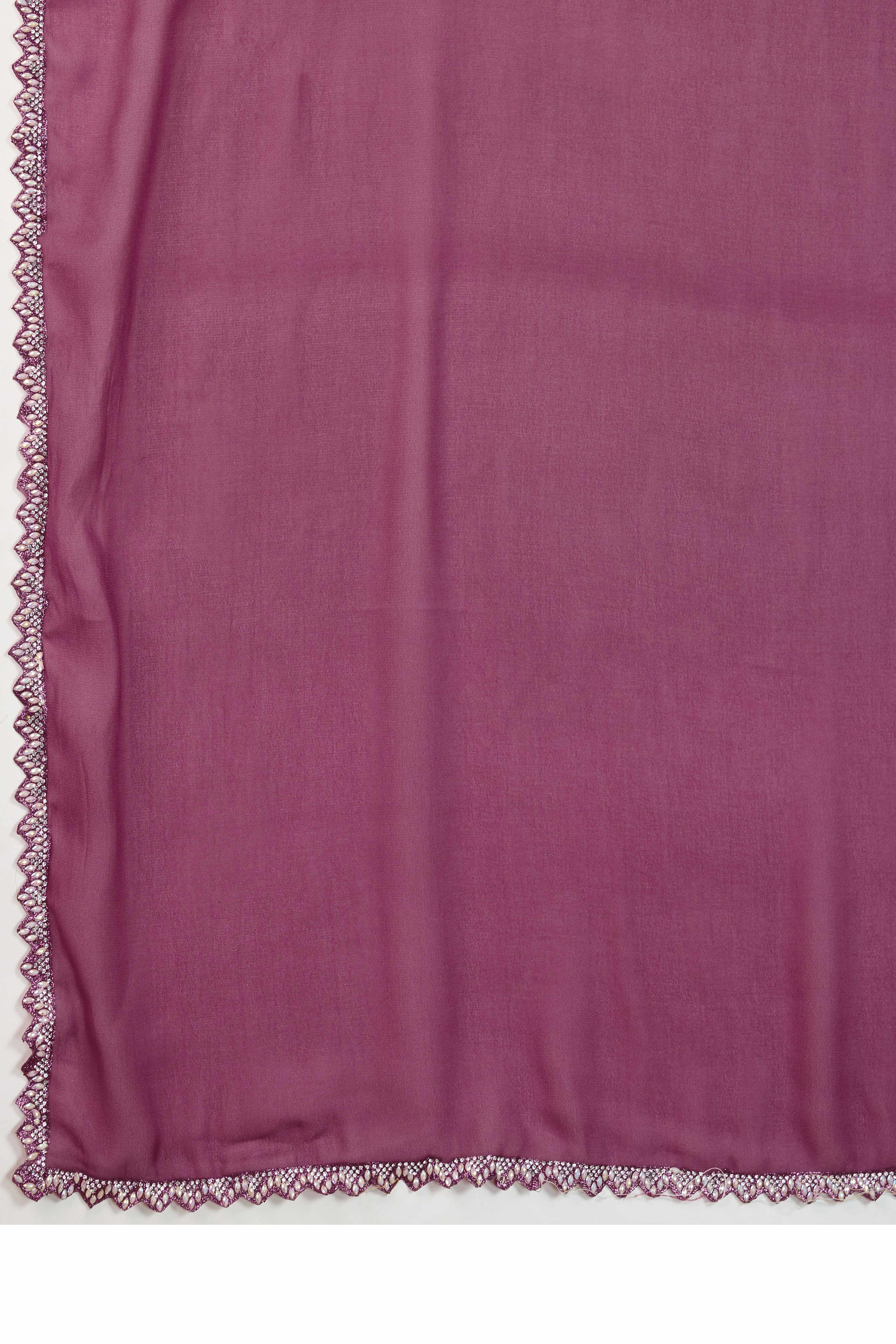 Deep Rose Pink Solid Matt Georgette Saree With Ceramic Embellished Lace Border