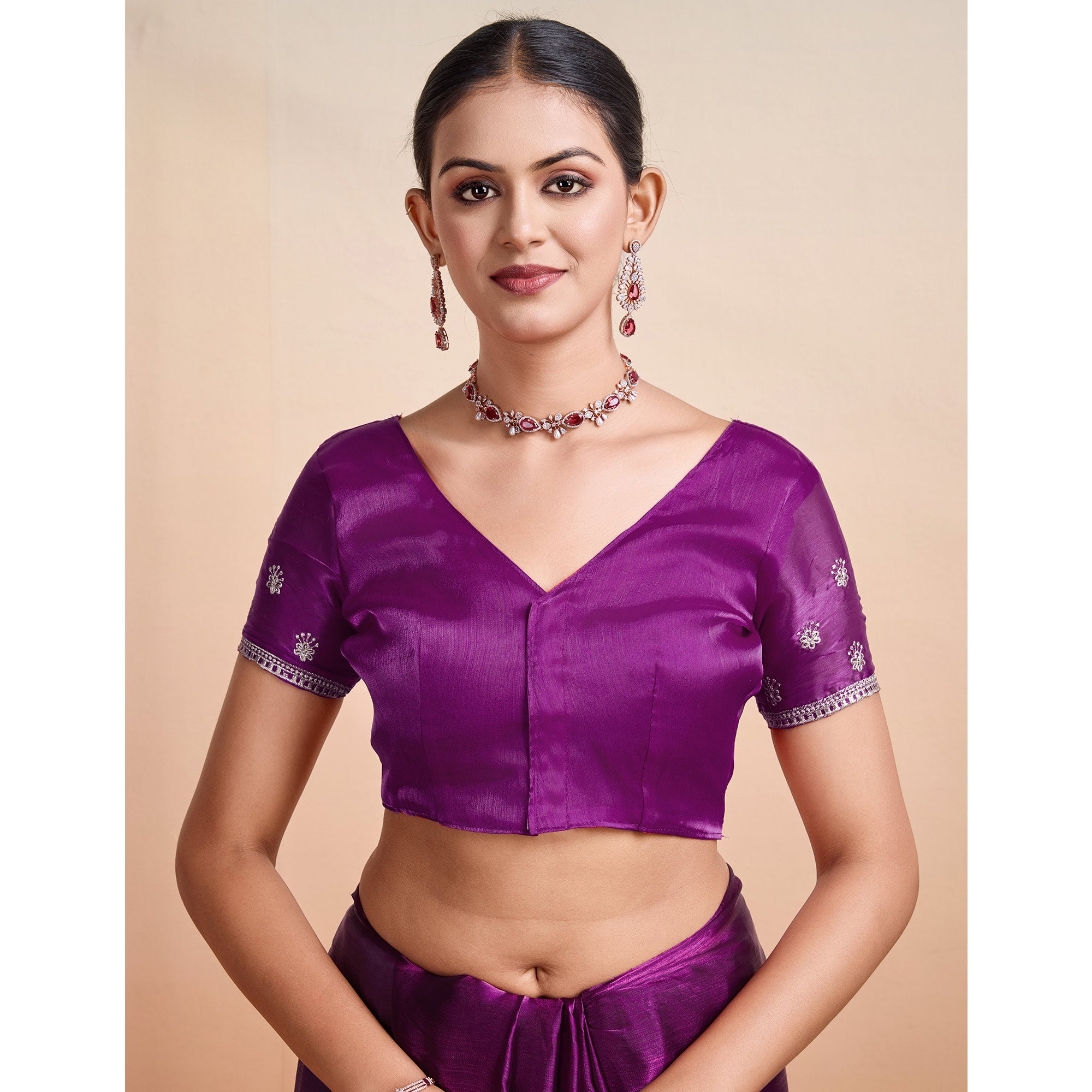 Purple Embroidered Tussar Silk Saree