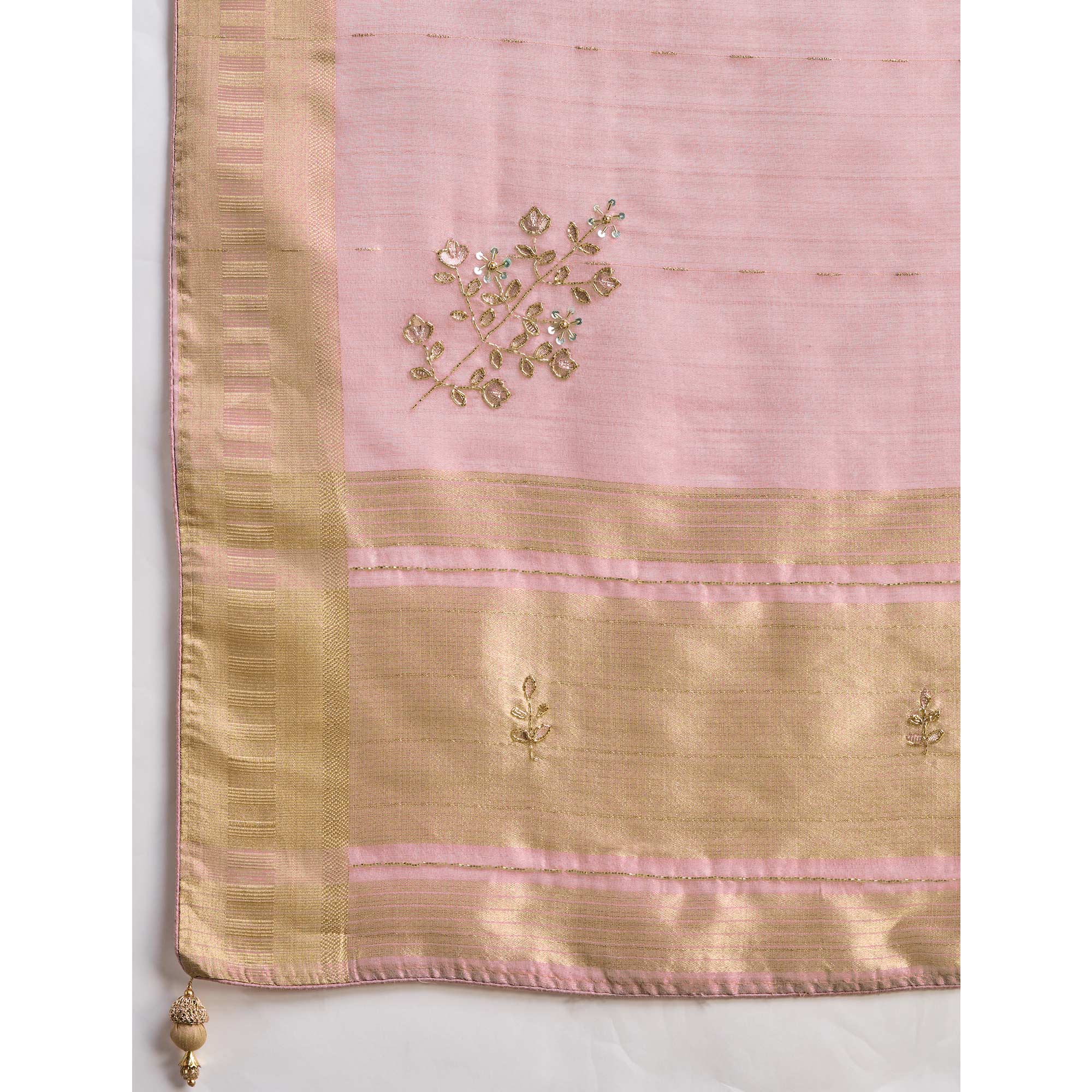 Pink Beads Work Woven Linen Slub Saree