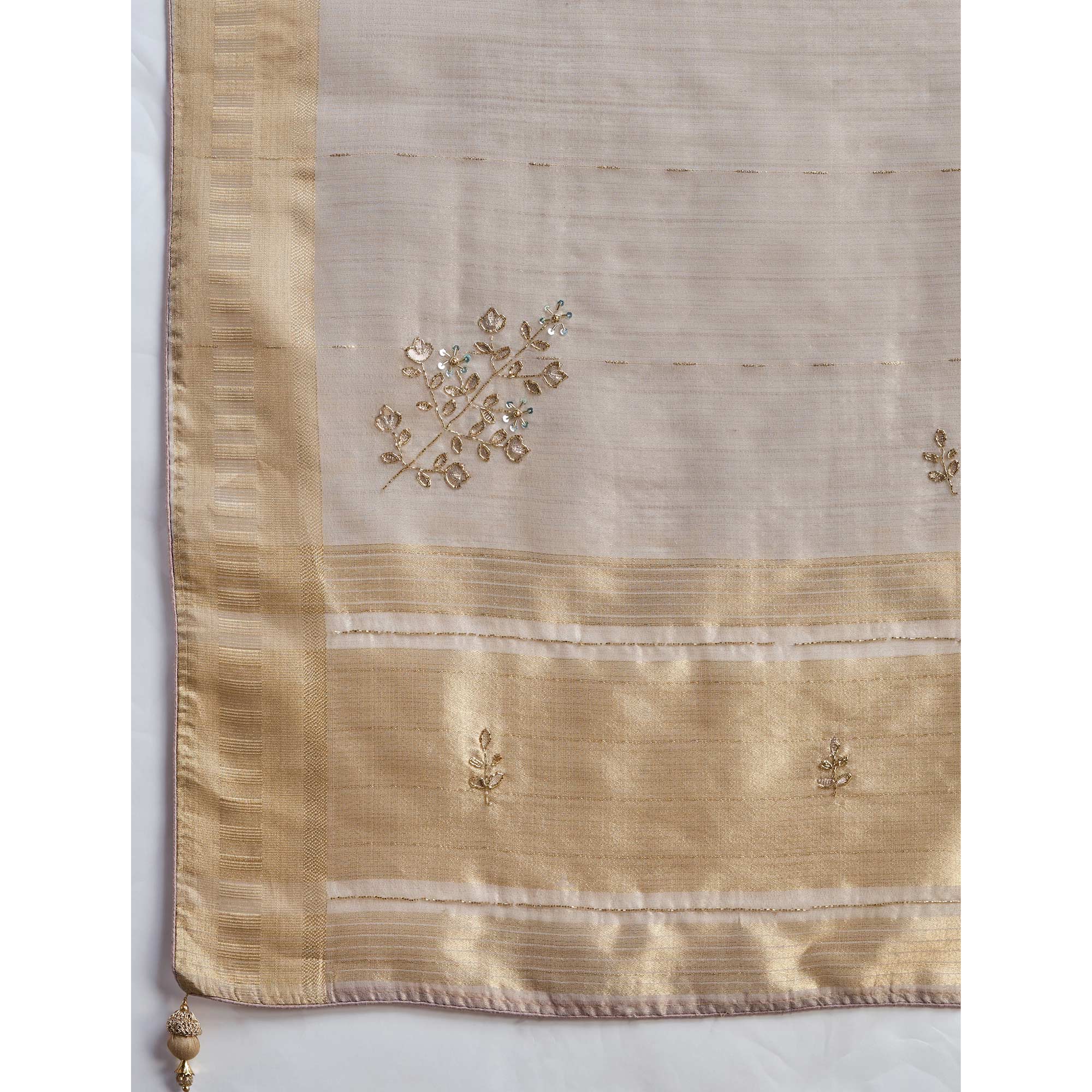 Grey Beads Work Woven Linen Slub Saree