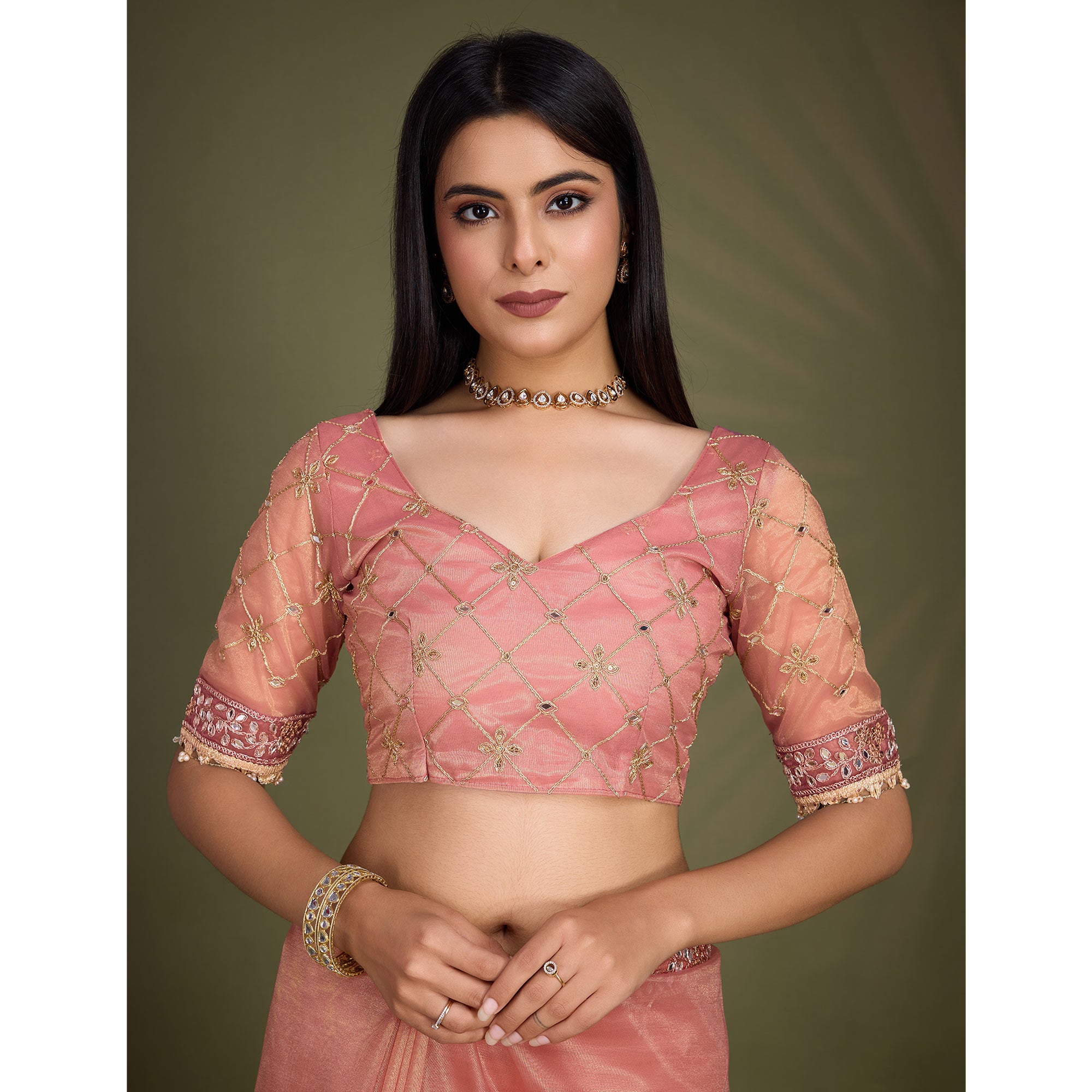 Peach Sequins Embroidery With Mirror Handwork Twill Net Saree