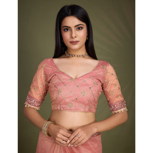 Peach Sequins Embroidery With Mirror Handwork Twill Net Saree