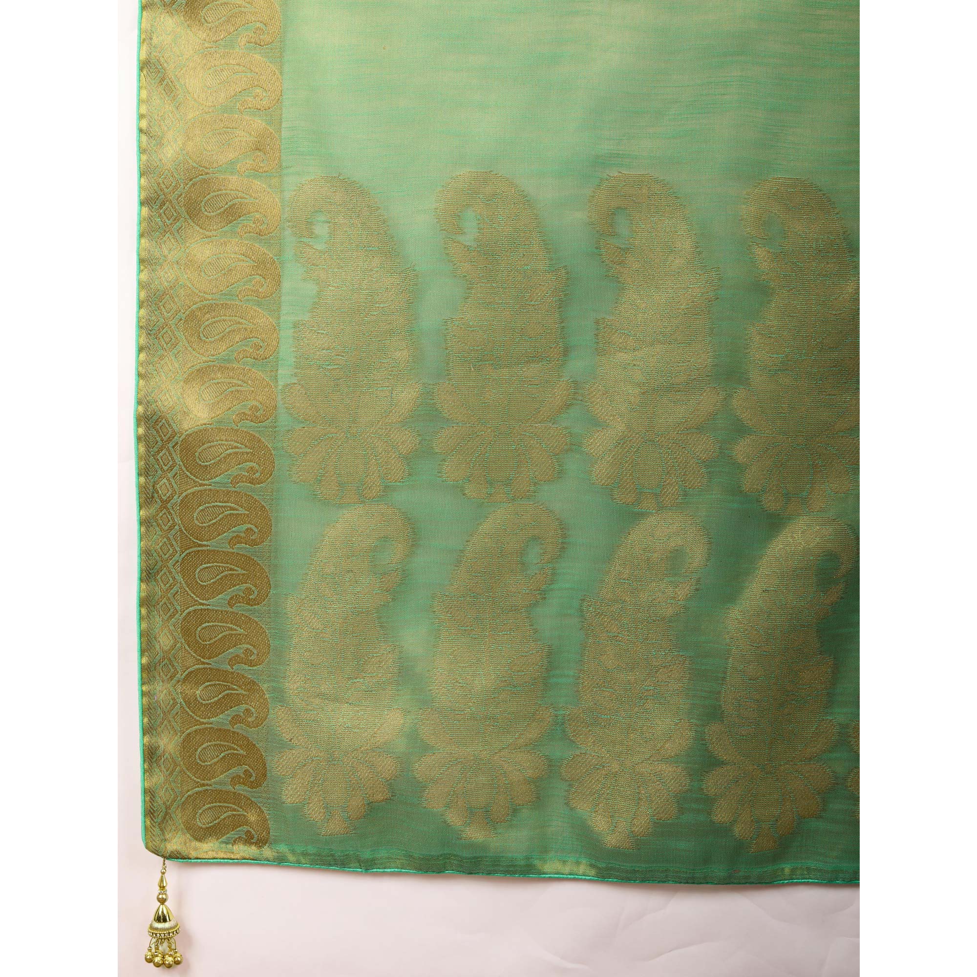 Sea Green Festive Linen Tissue Saree with Zari Borders