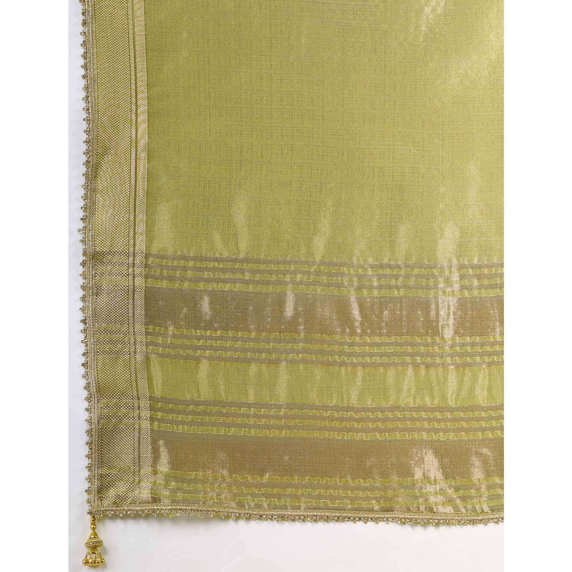 Green Solid Linen Tissue Saree With Weaving & Zarkan Lace Border