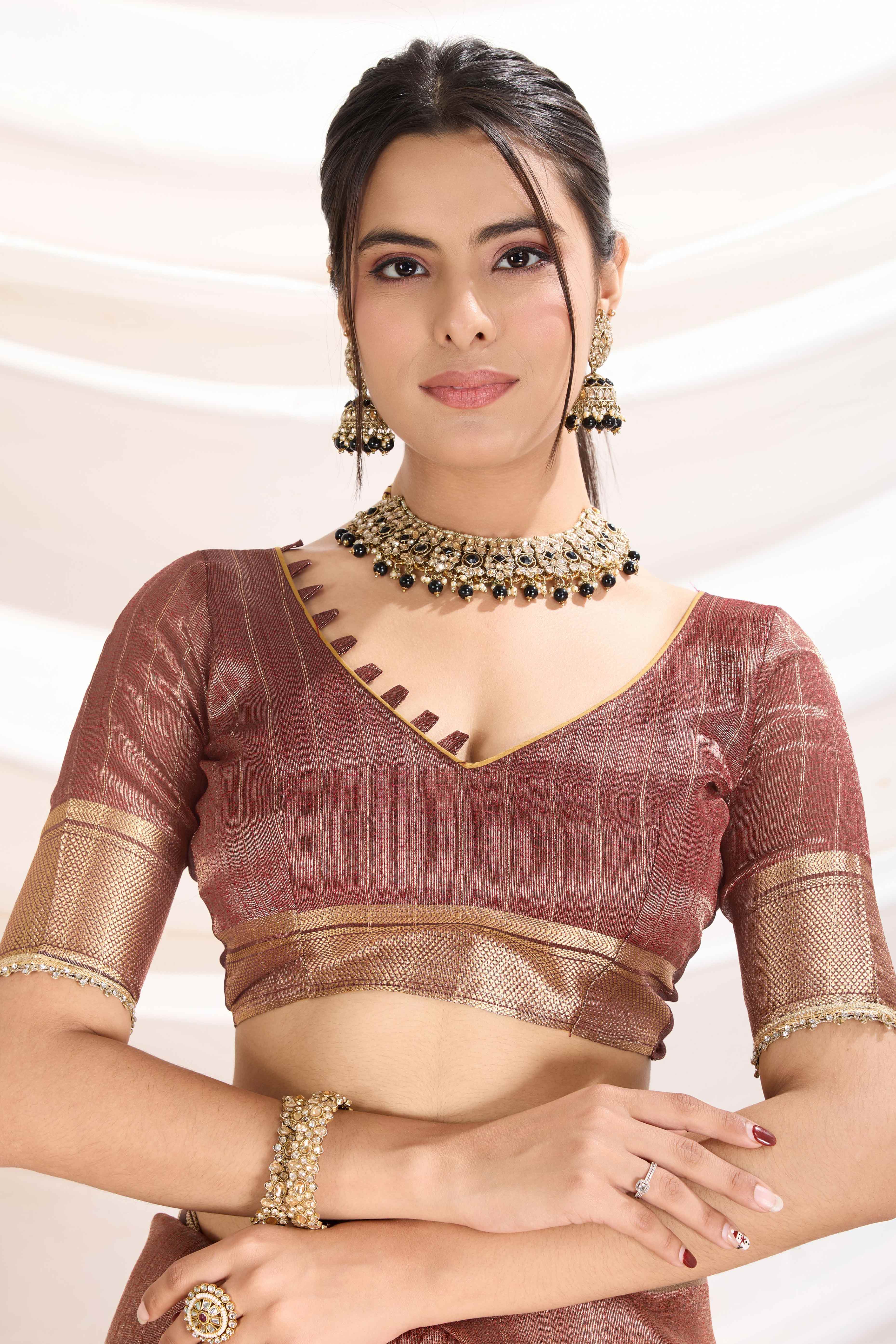 Brown Solid Linen Tissue Saree With Weaving & Zarkan Lace Border