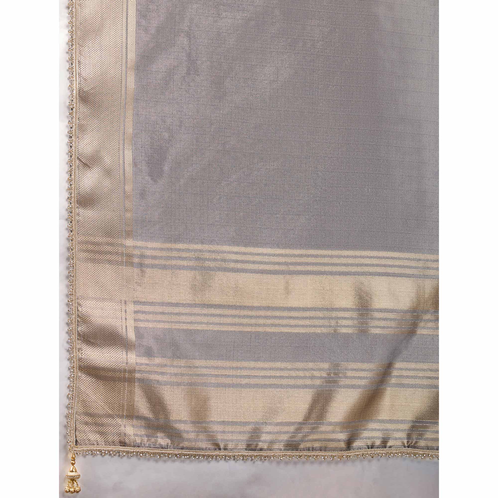 Grey Solid Linen Tissue Saree With Weaving & Zarkan Lace Border