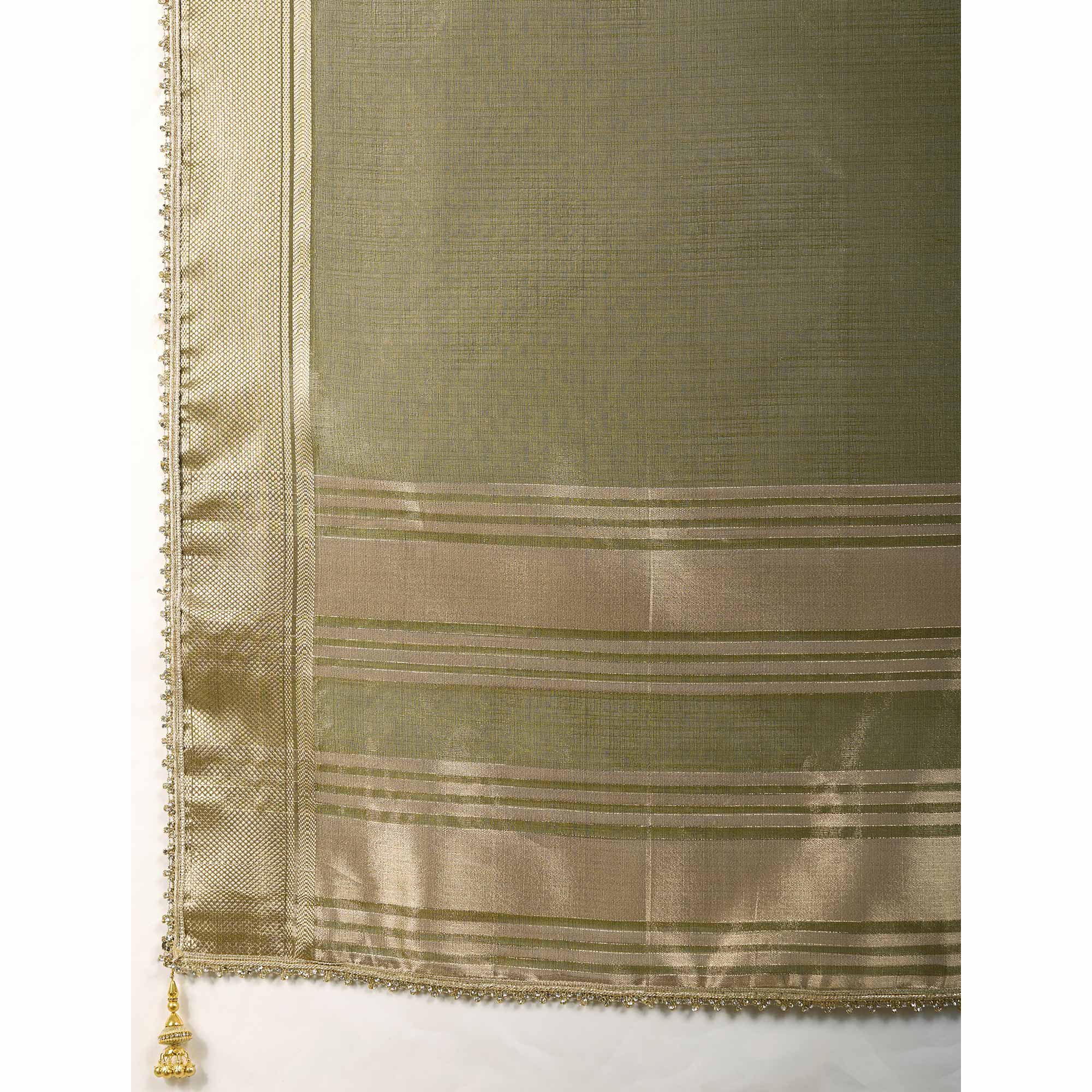 Mehendi Green Solid Linen Tissue Saree With Weaving & Zarkan Lace Border