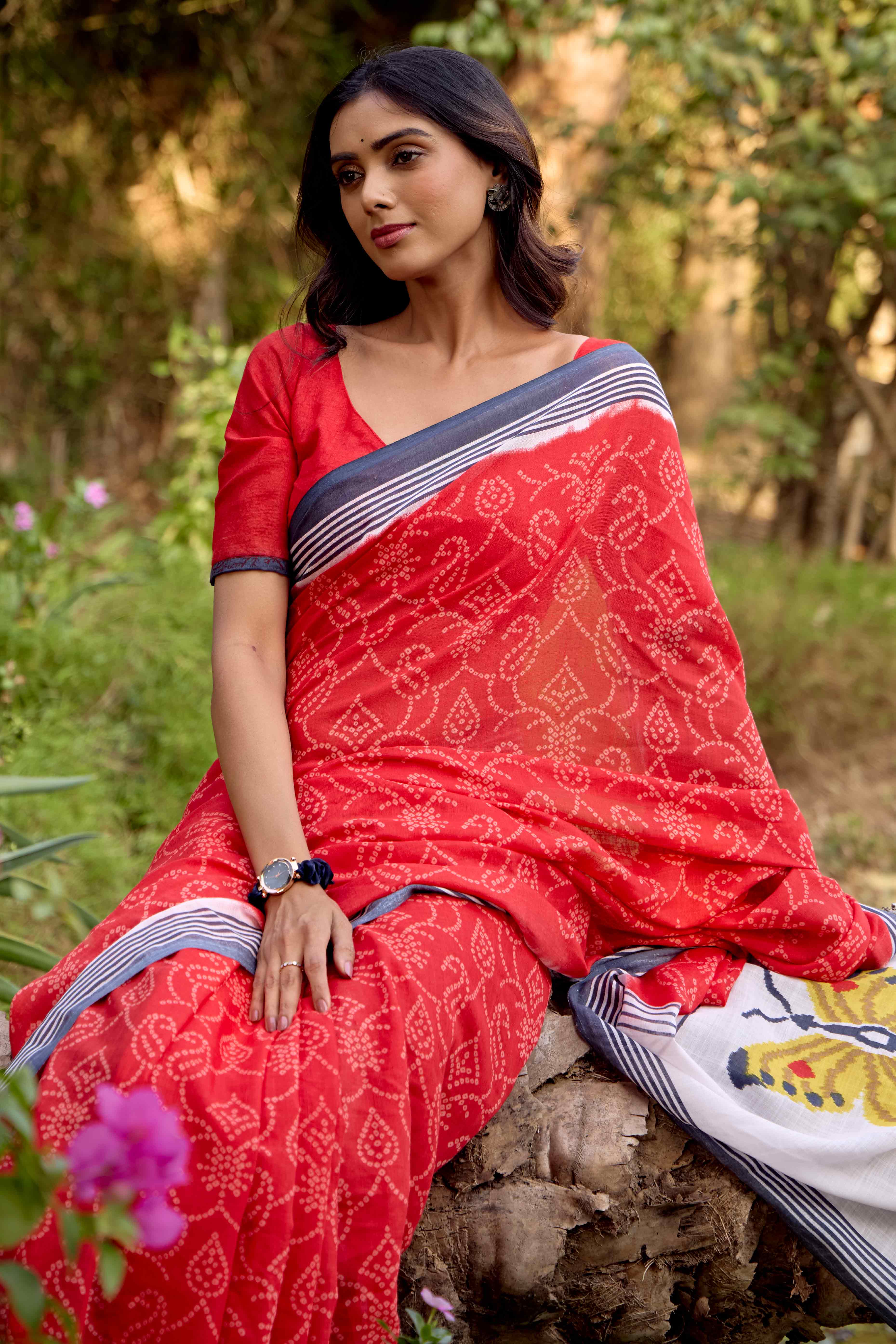 Red Bandhani Printed Linen Saree