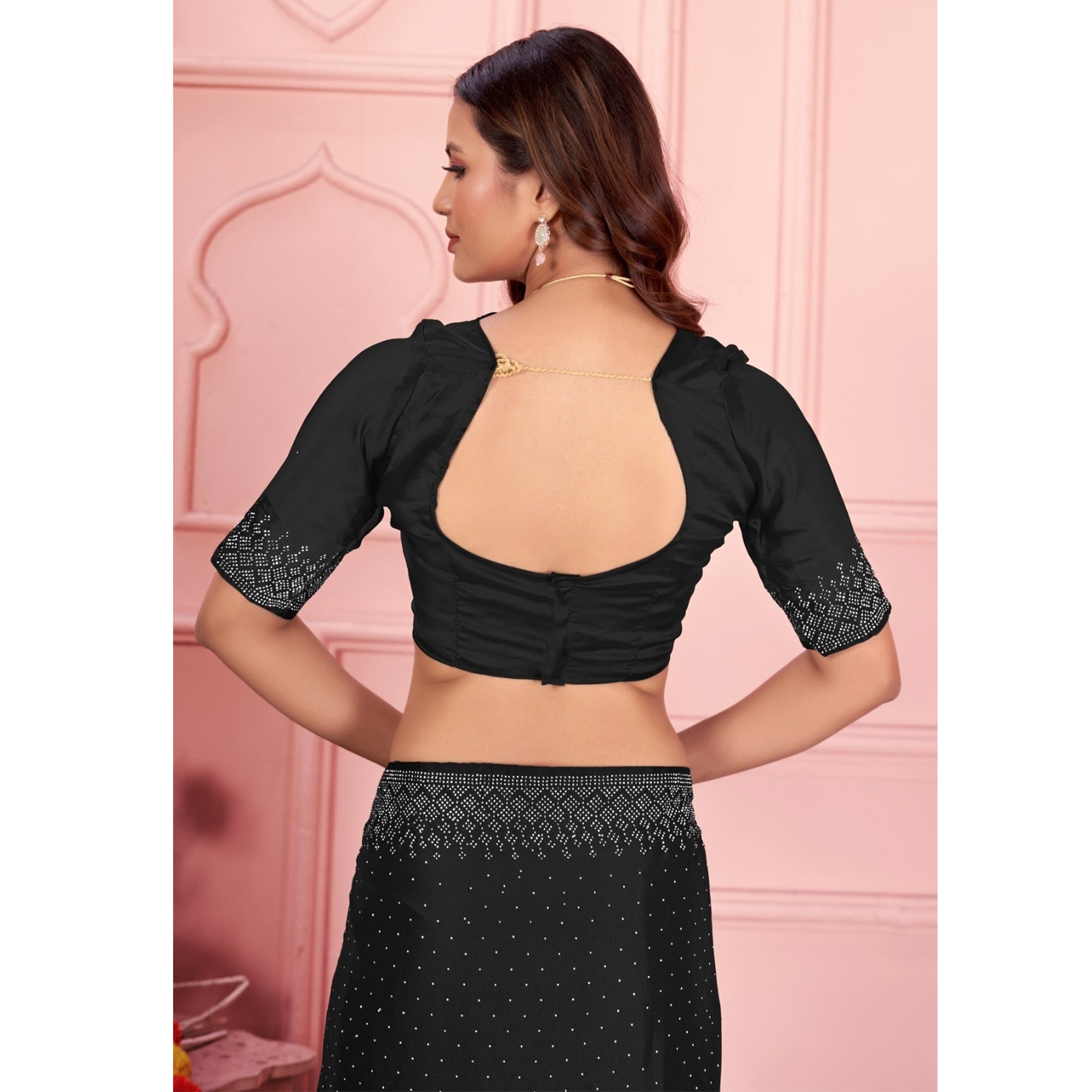 Black Swarovski Work Satin Saree