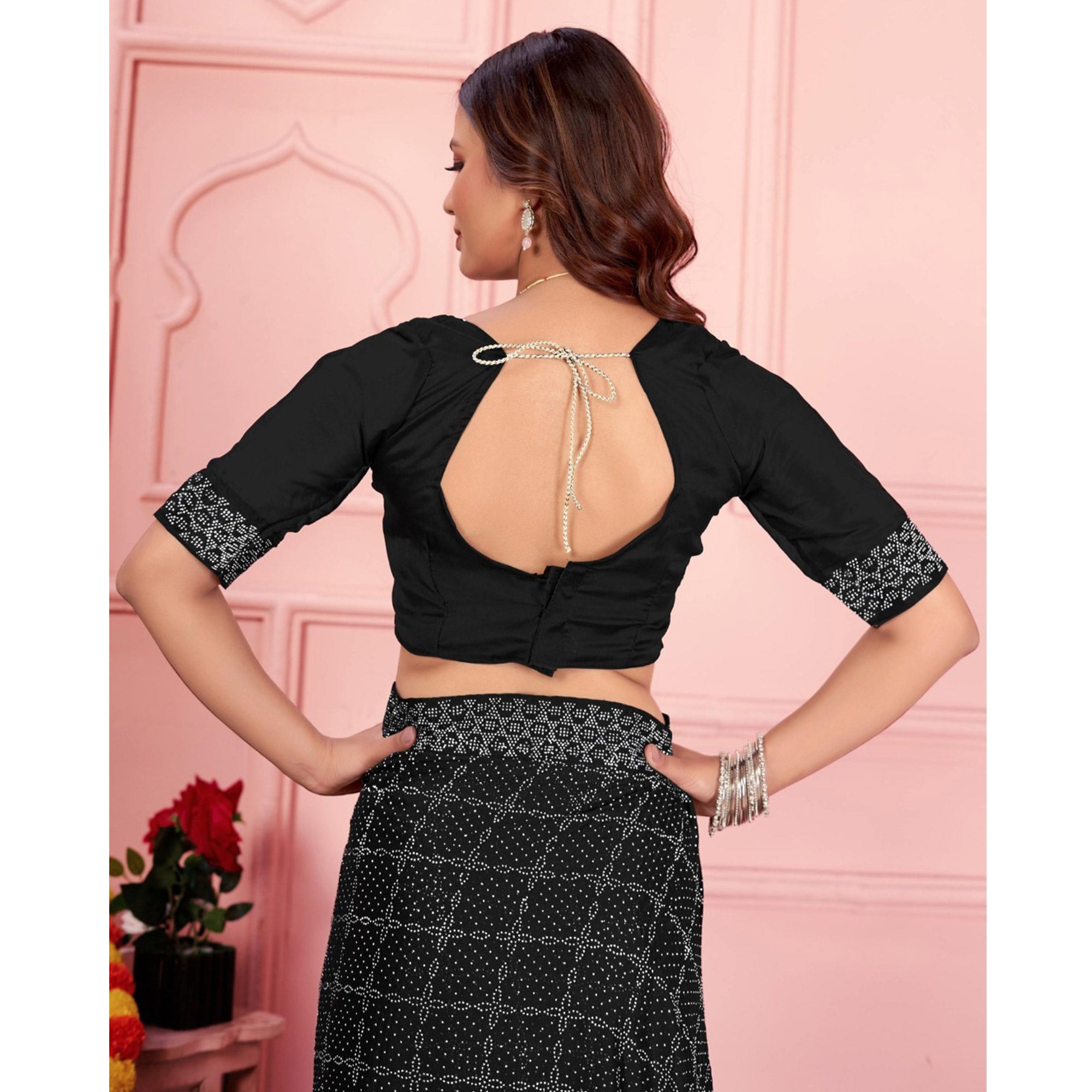 Black Swarovski Work Satin Saree