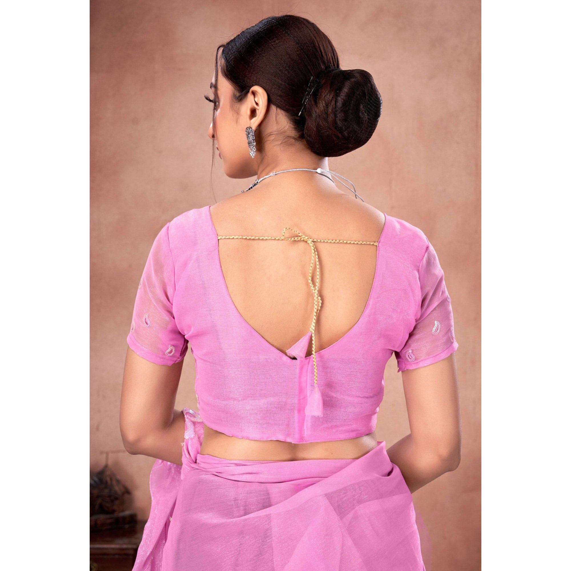Pink Floral Sequins Embroidered Chiffon Saree