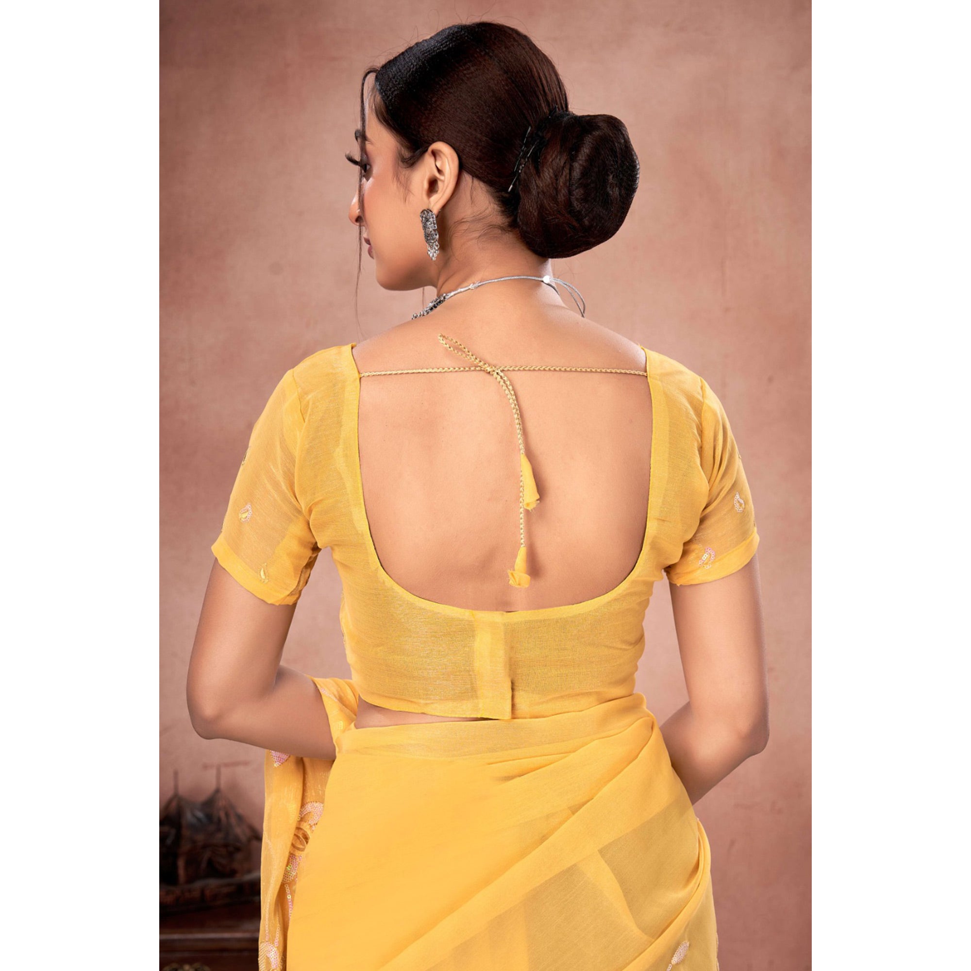 Yellow Floral Sequins Embroidered Chiffon Saree