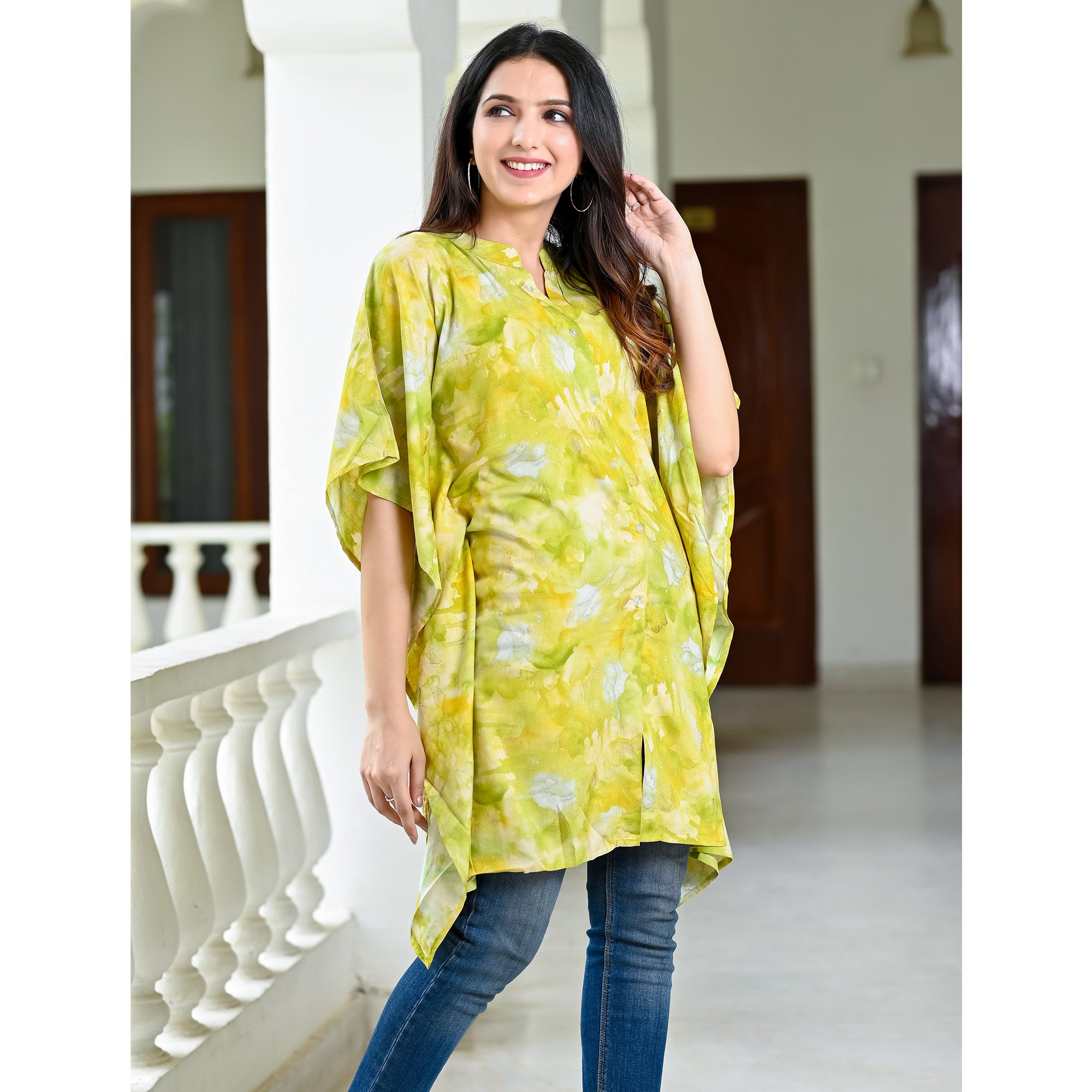 Green Foil Printed Rayon Kaftan