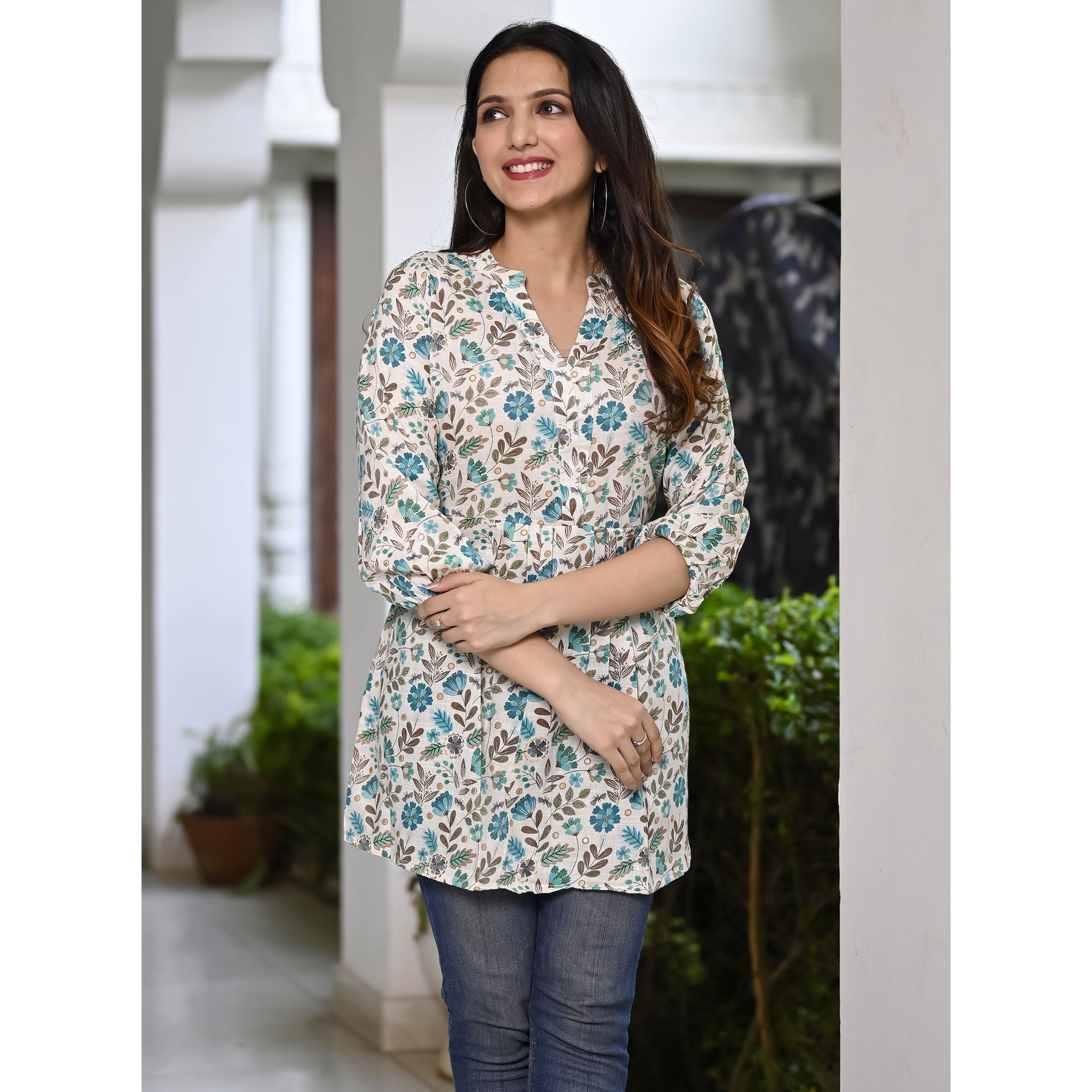 Aqua Blue Floral Printed Rayon Top