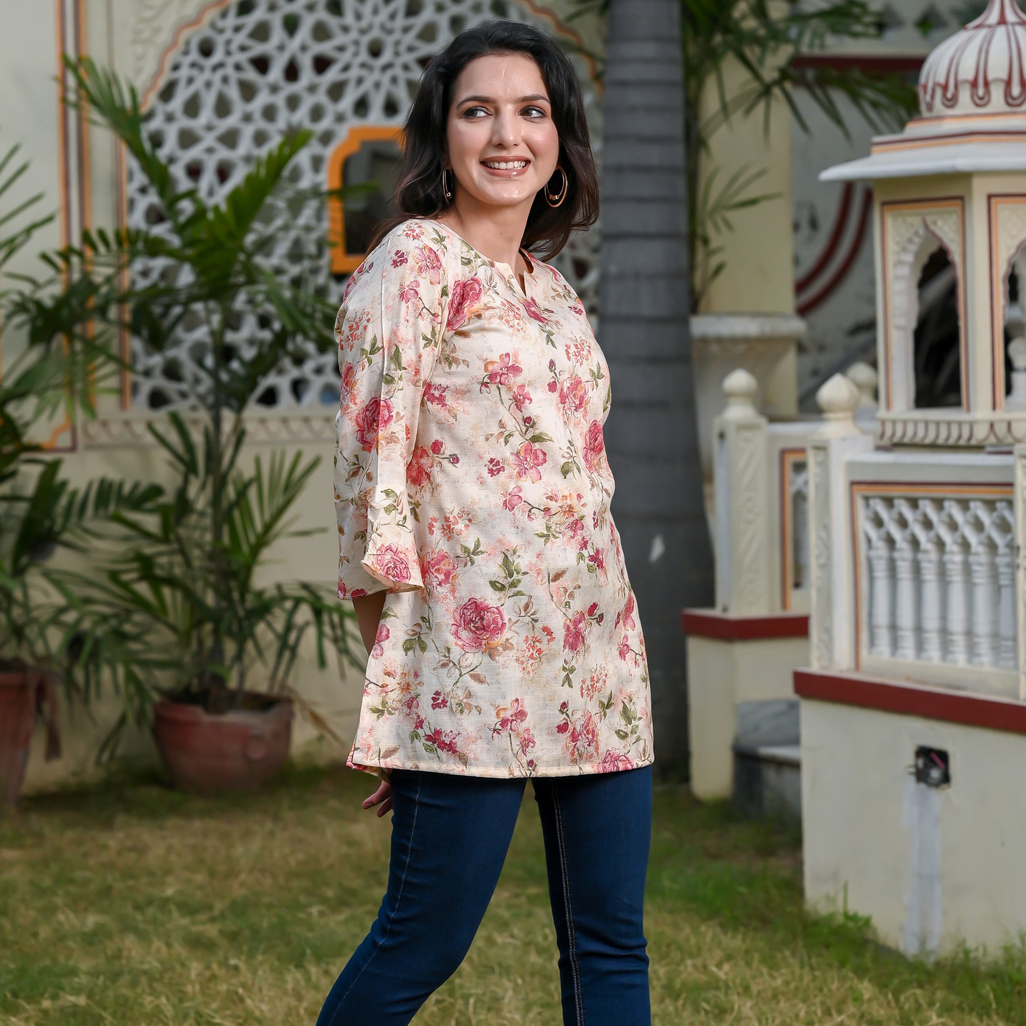 White & Peach Floral Printed Rayon Top