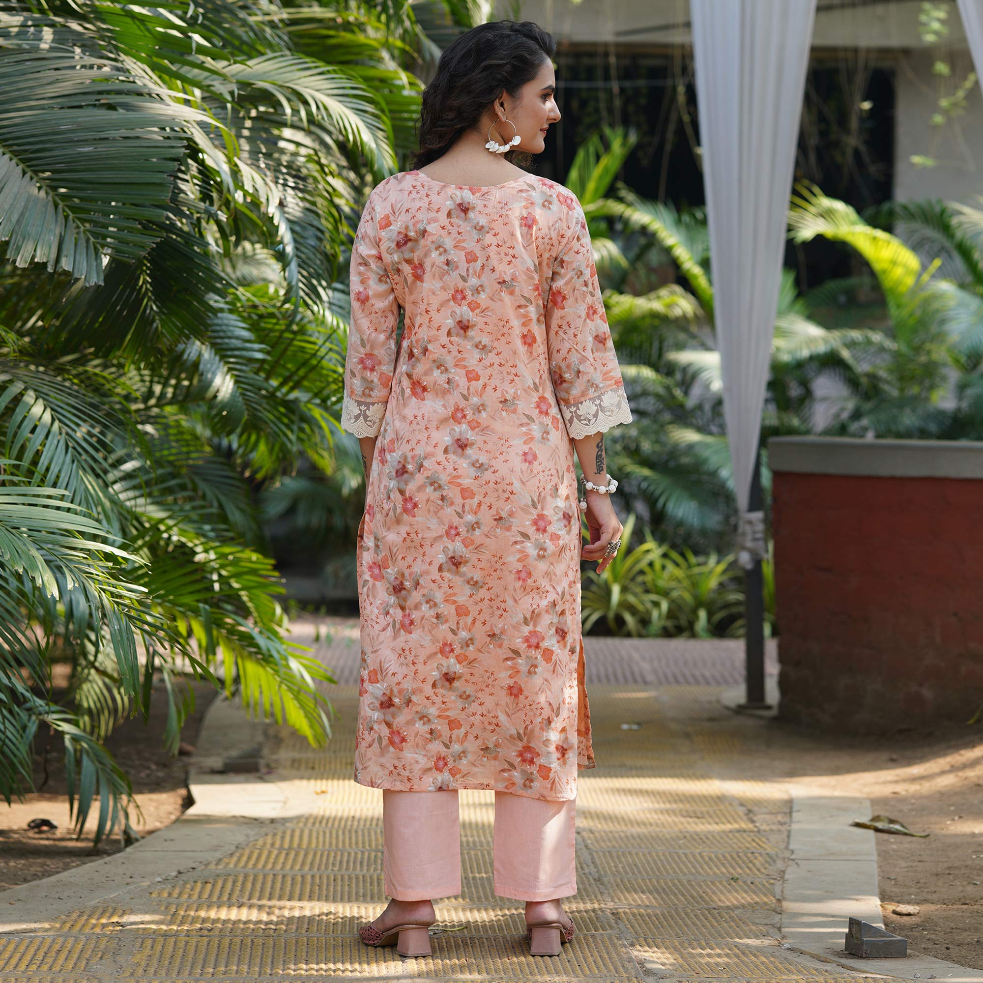 Peach Straight Pure Cotton Suit With Foil Print & Yoke Embroidery