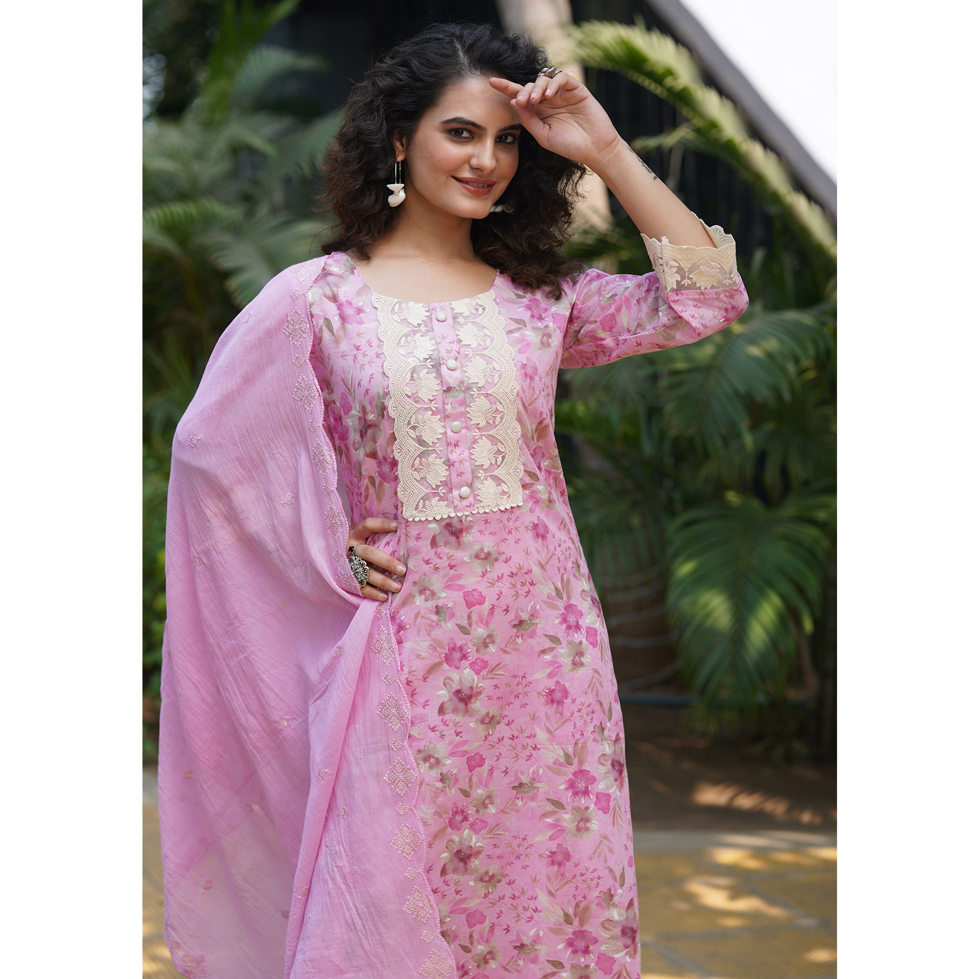 Pink Straight Pure Cotton Suit With Foil Print & Yoke Embroidery