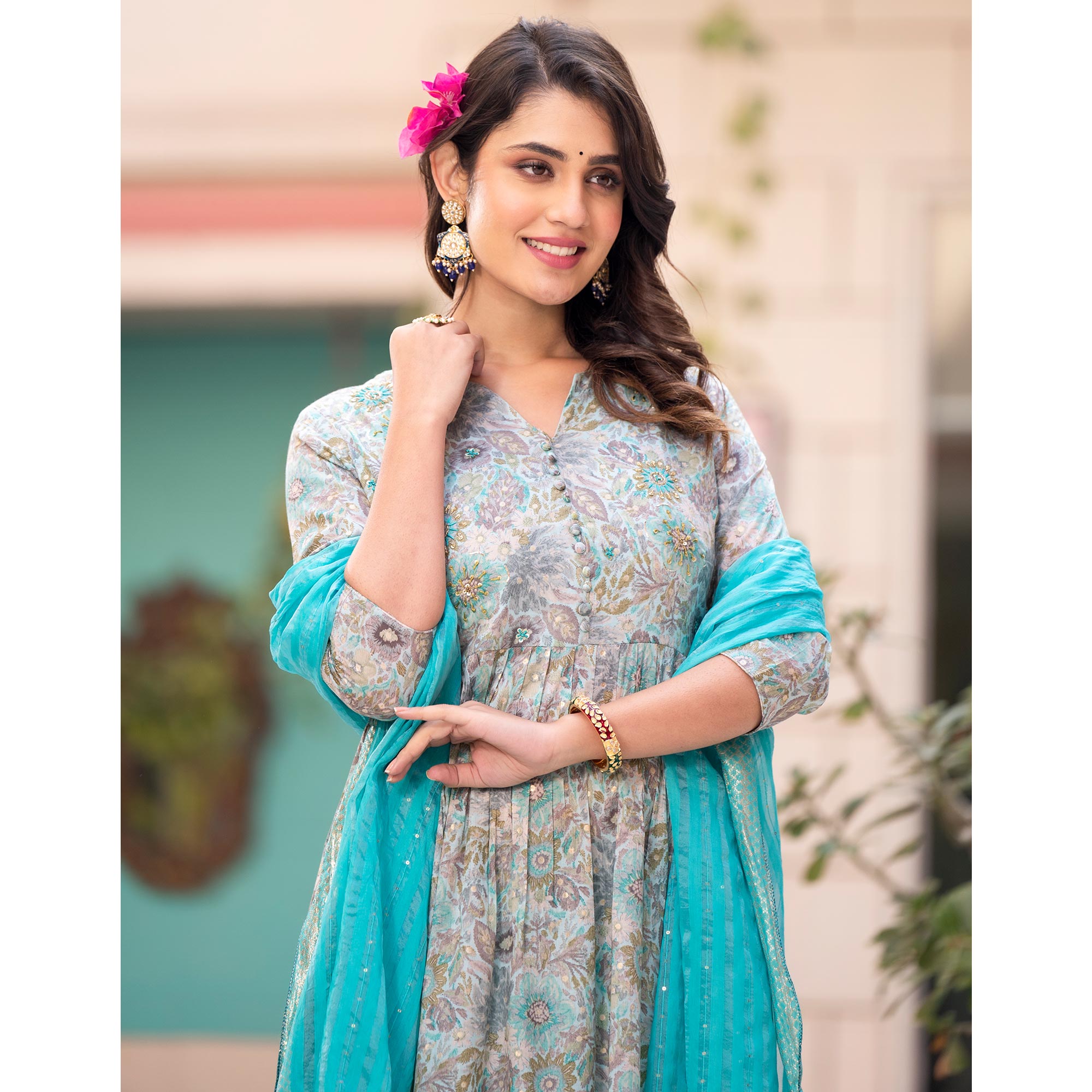 Turquoise Naira Cut Mulmul Cotton Suit with Handcrafted & Foil Print