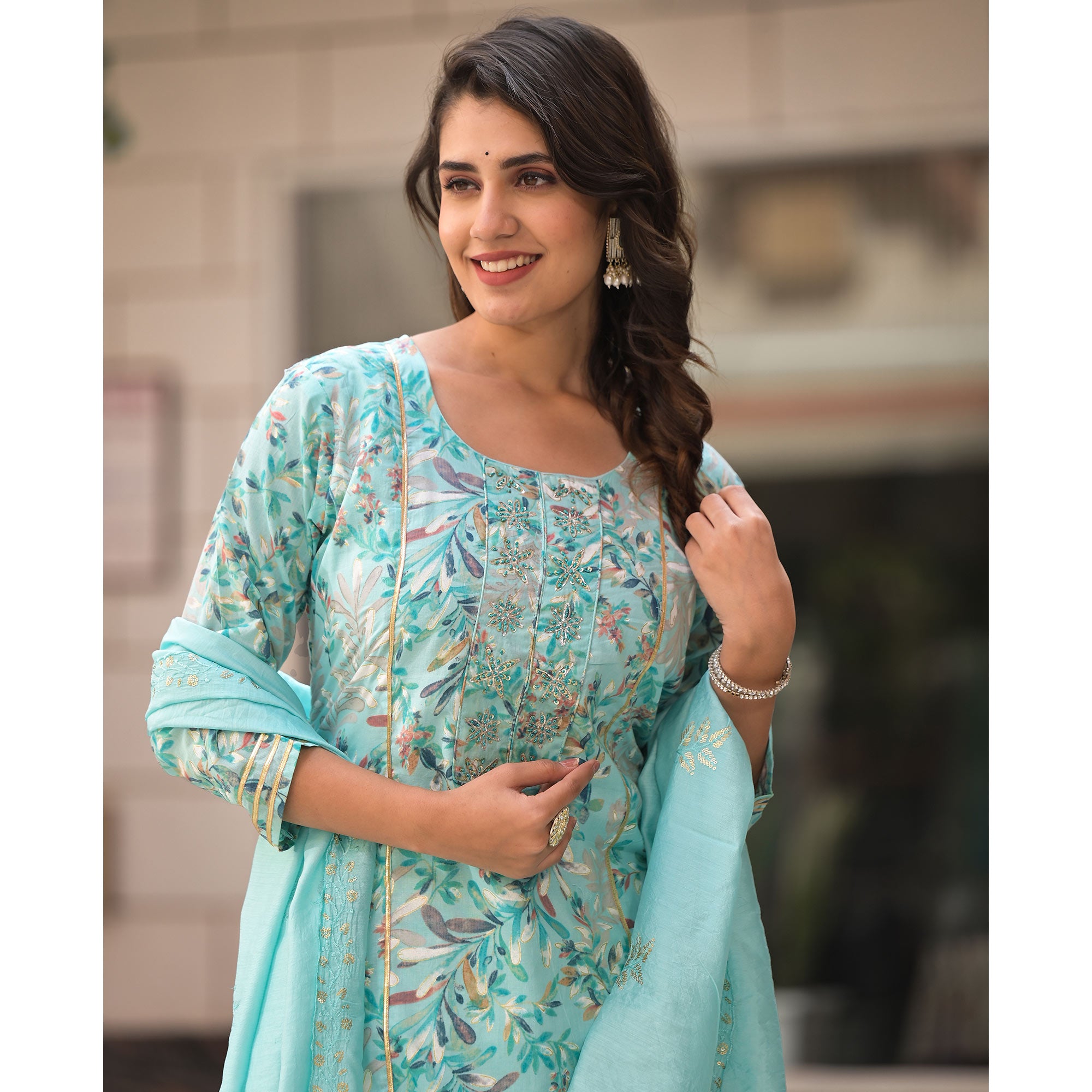 Turquoise Floral Foil Printed Pure Cotton A-Line Salwar Suit