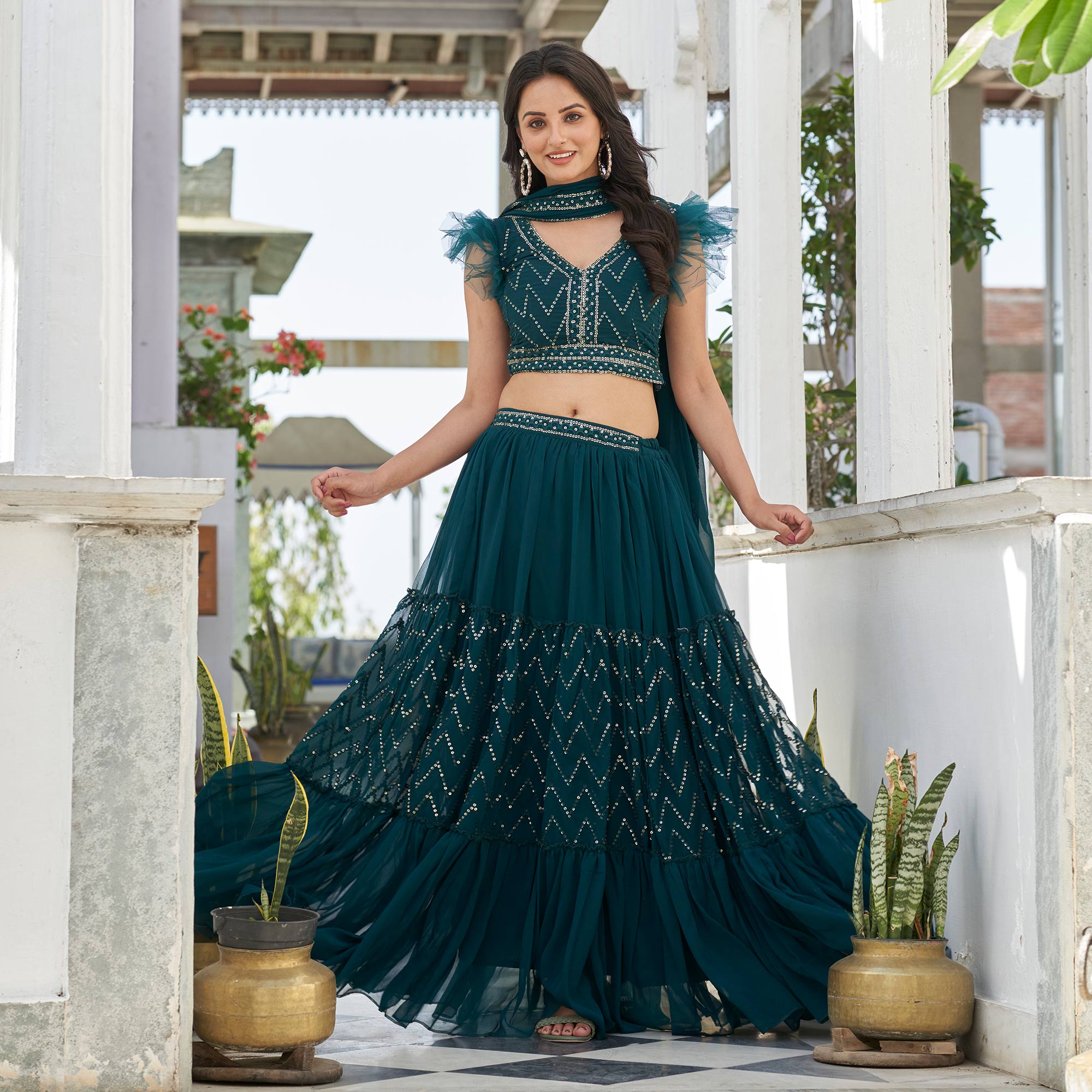 Sea Green Embroidered Georgette Lehenga Choli