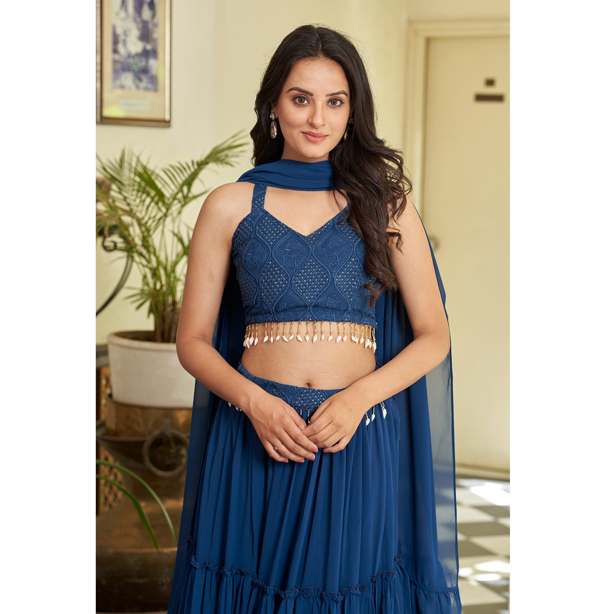 Blue Embroidered Georgette Lehenga Choli