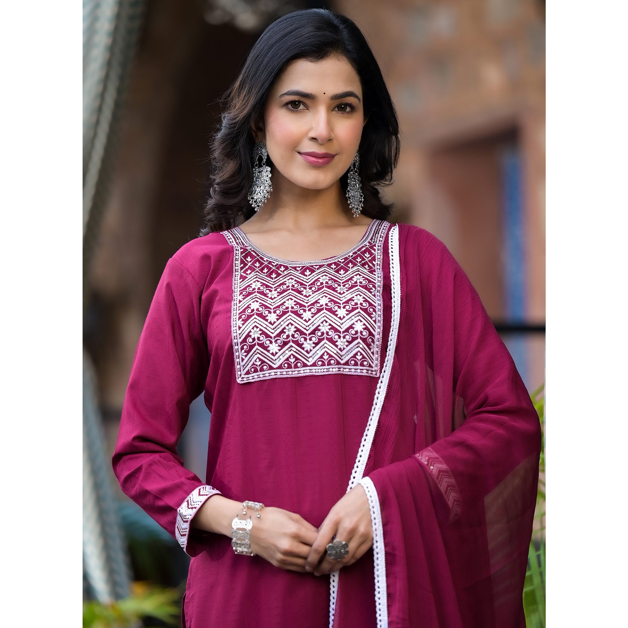 Wine Embroidered Pure Cotton Straight Salwar Suit