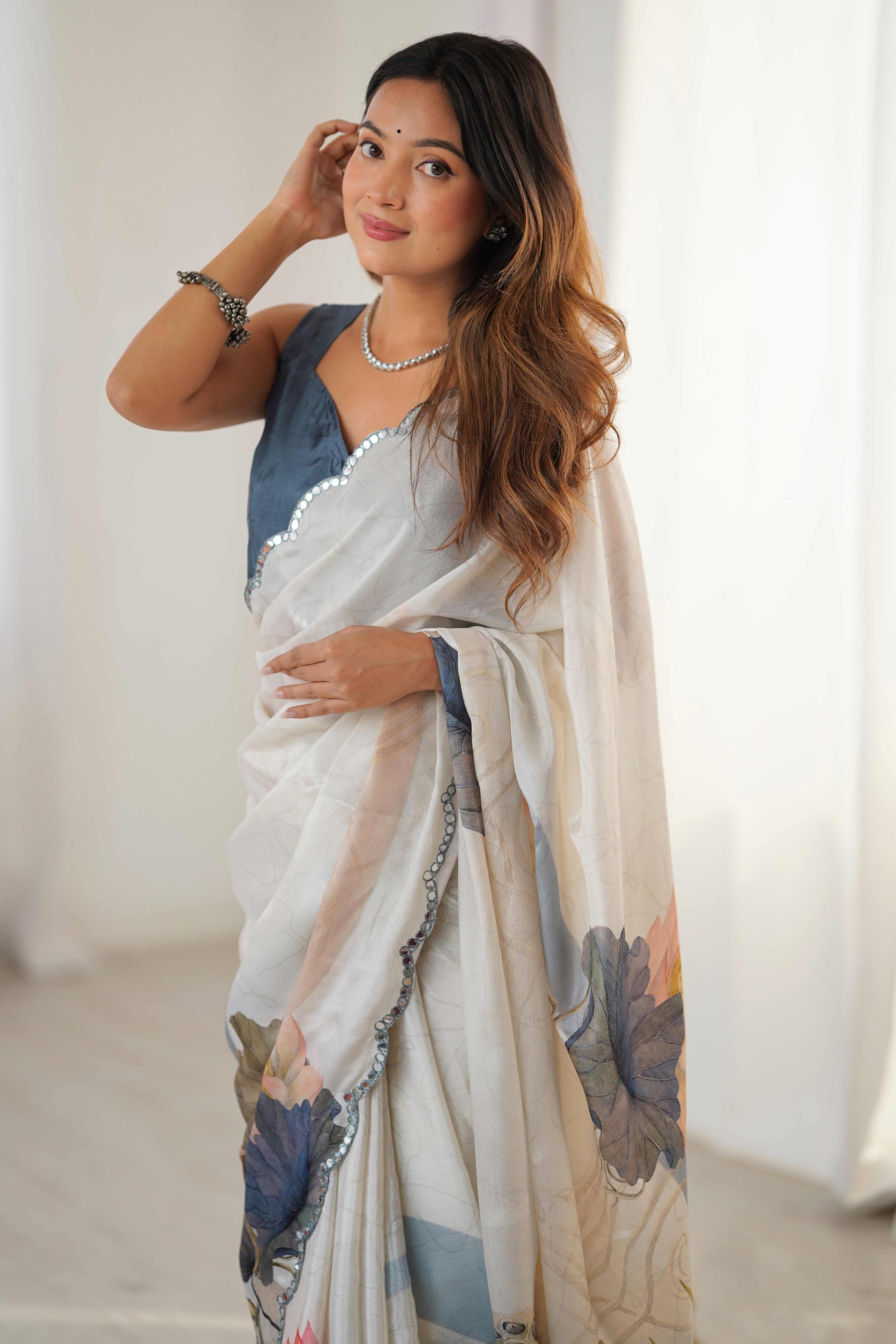 Off White Floral Printed Chinon Saree With Shimmering Mirror Detailing