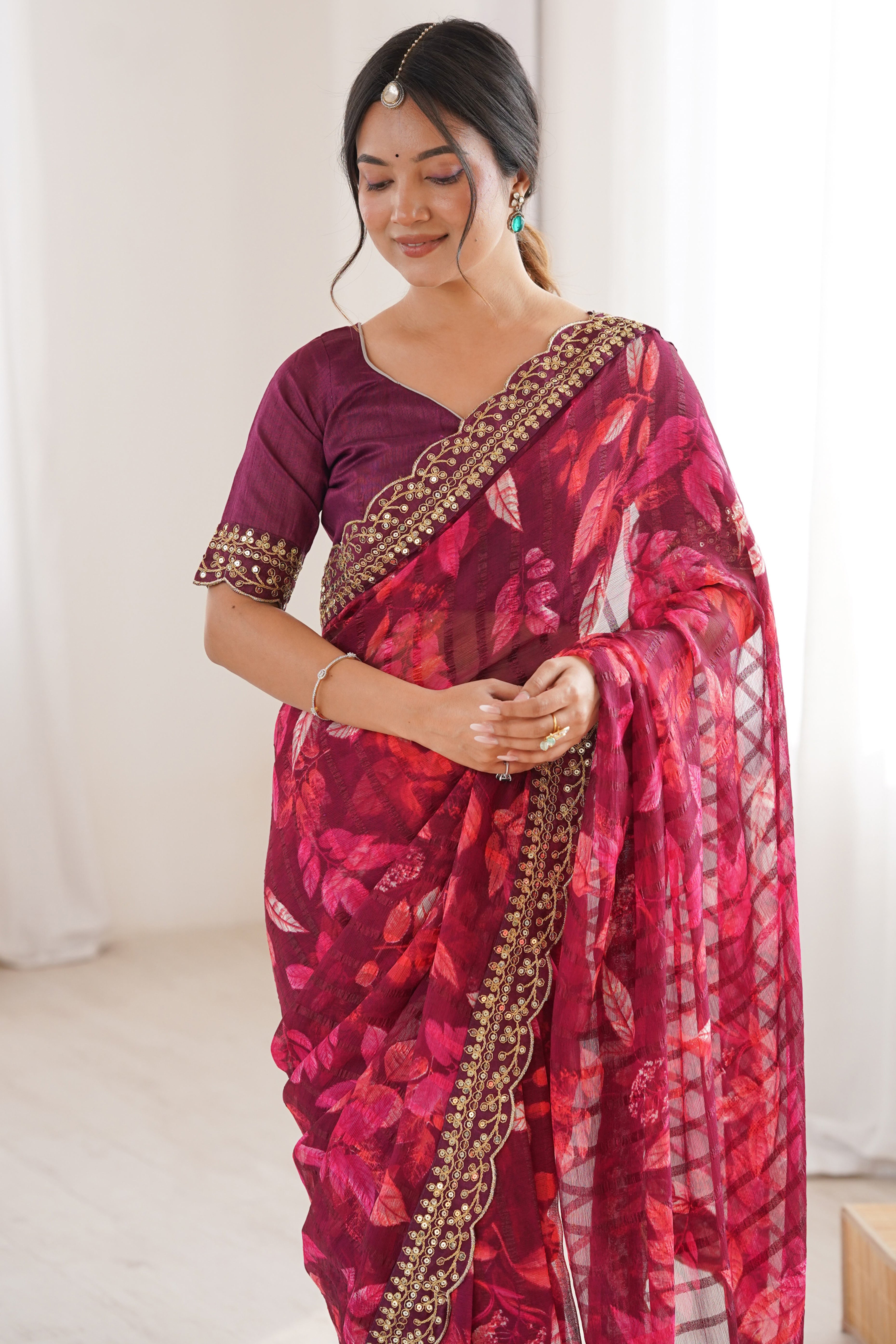 Elegant Wine Leaf & Floral Print Georgette Saree With Intricate Cording Sequins Embroidery Border