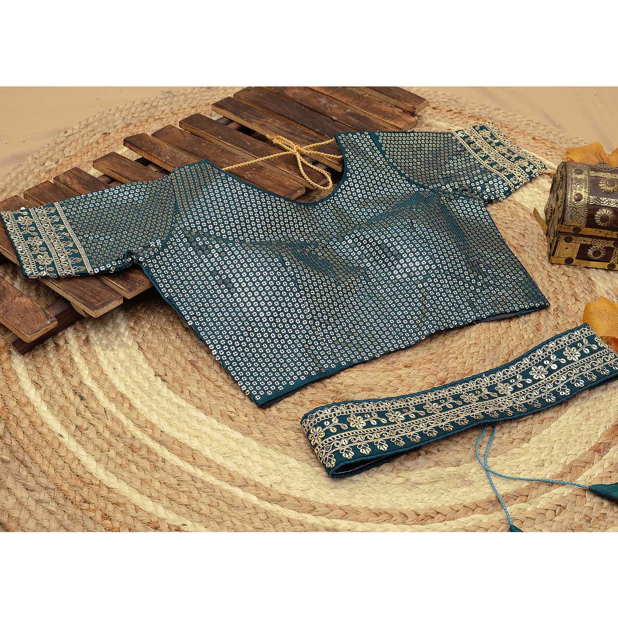 Blue Sequins Embroidered Border Chinon Saree