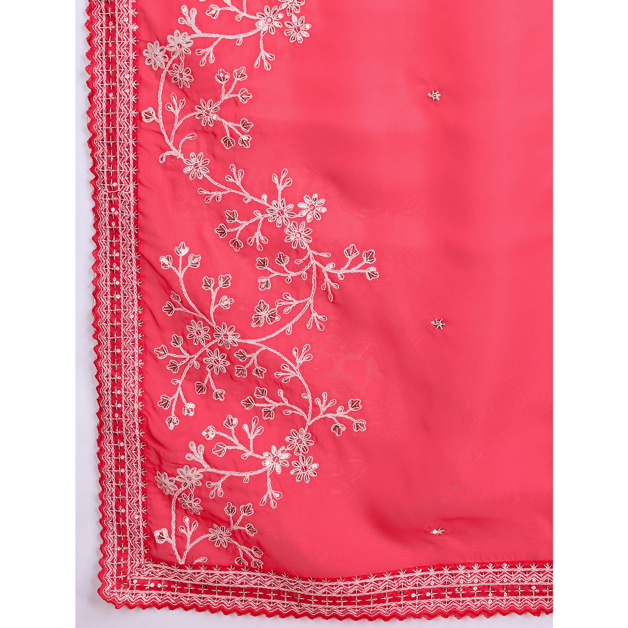 Gajari Pink Floral Sequins Embroidered Organza Saree With Lace Border