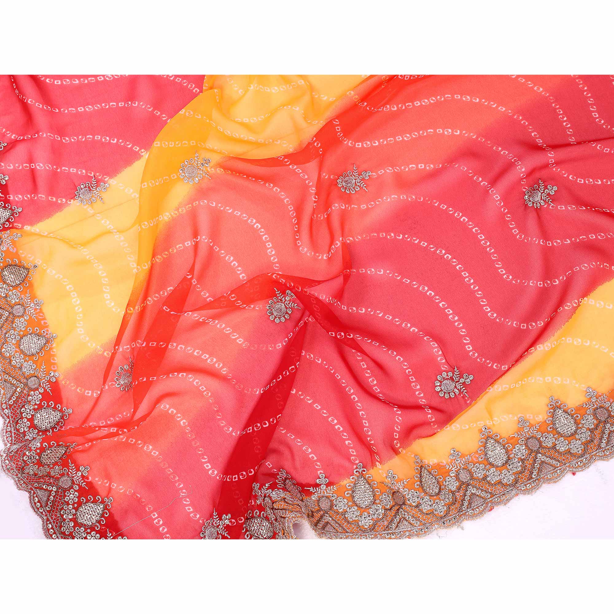 Red & Yellow Georgette Saree Showcasing Bandhani Print & Delicate Floral Sequins Embroidery