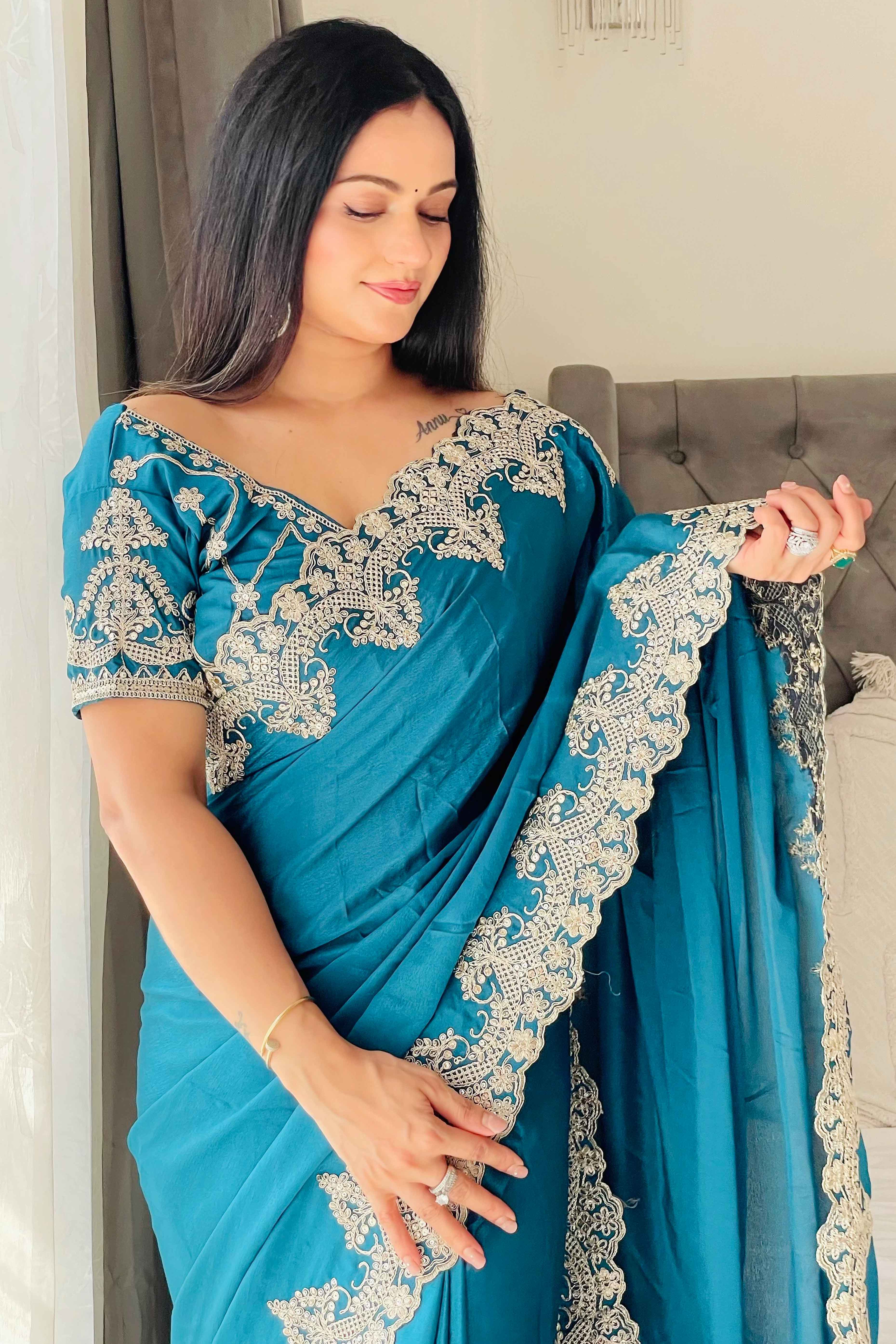 Blue Chinon Silk Blend Saree With Intricate Sequins & Cording Embroidery