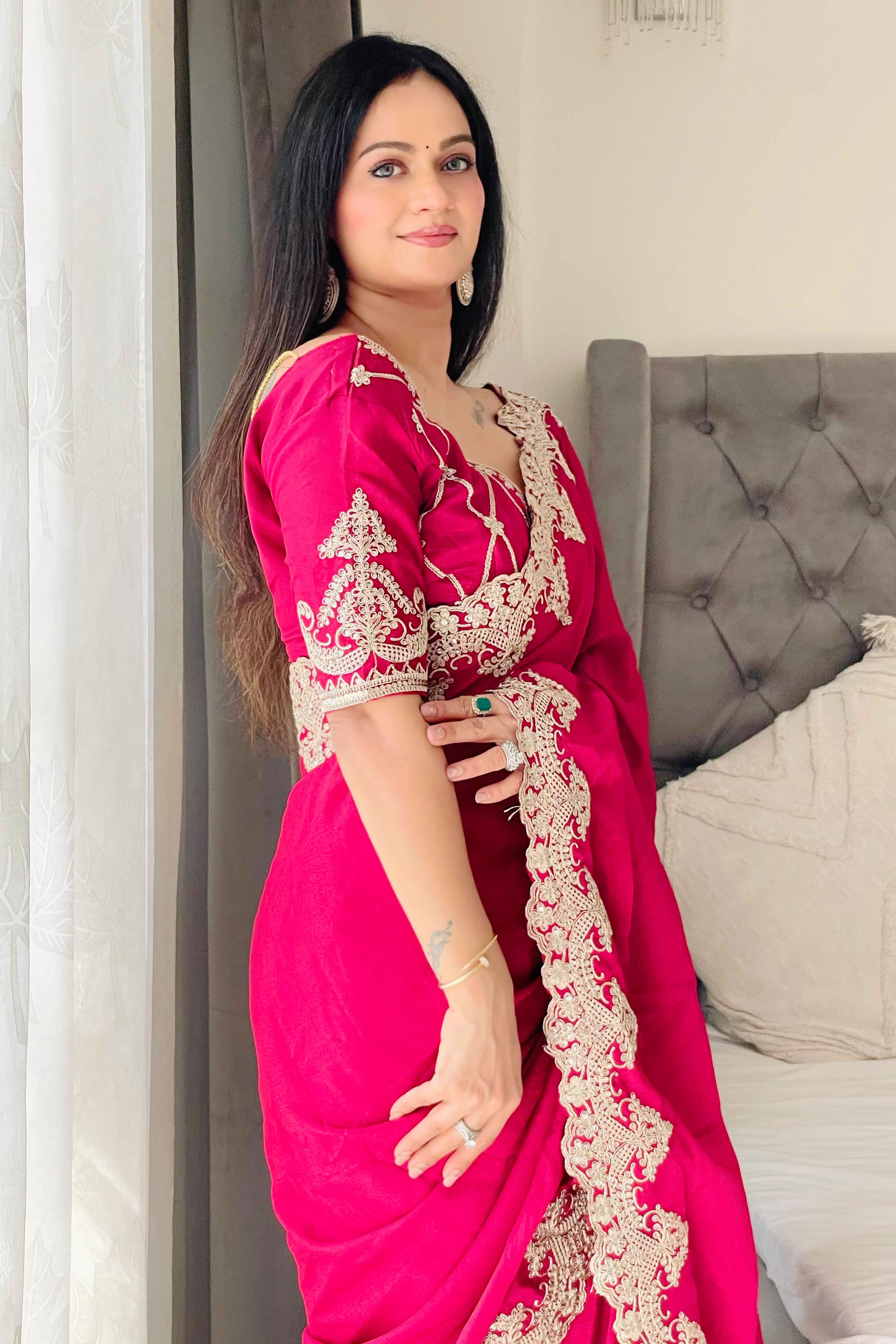 Pink Chinon Silk Blend Saree With Intricate Sequins & Cording Embroidery