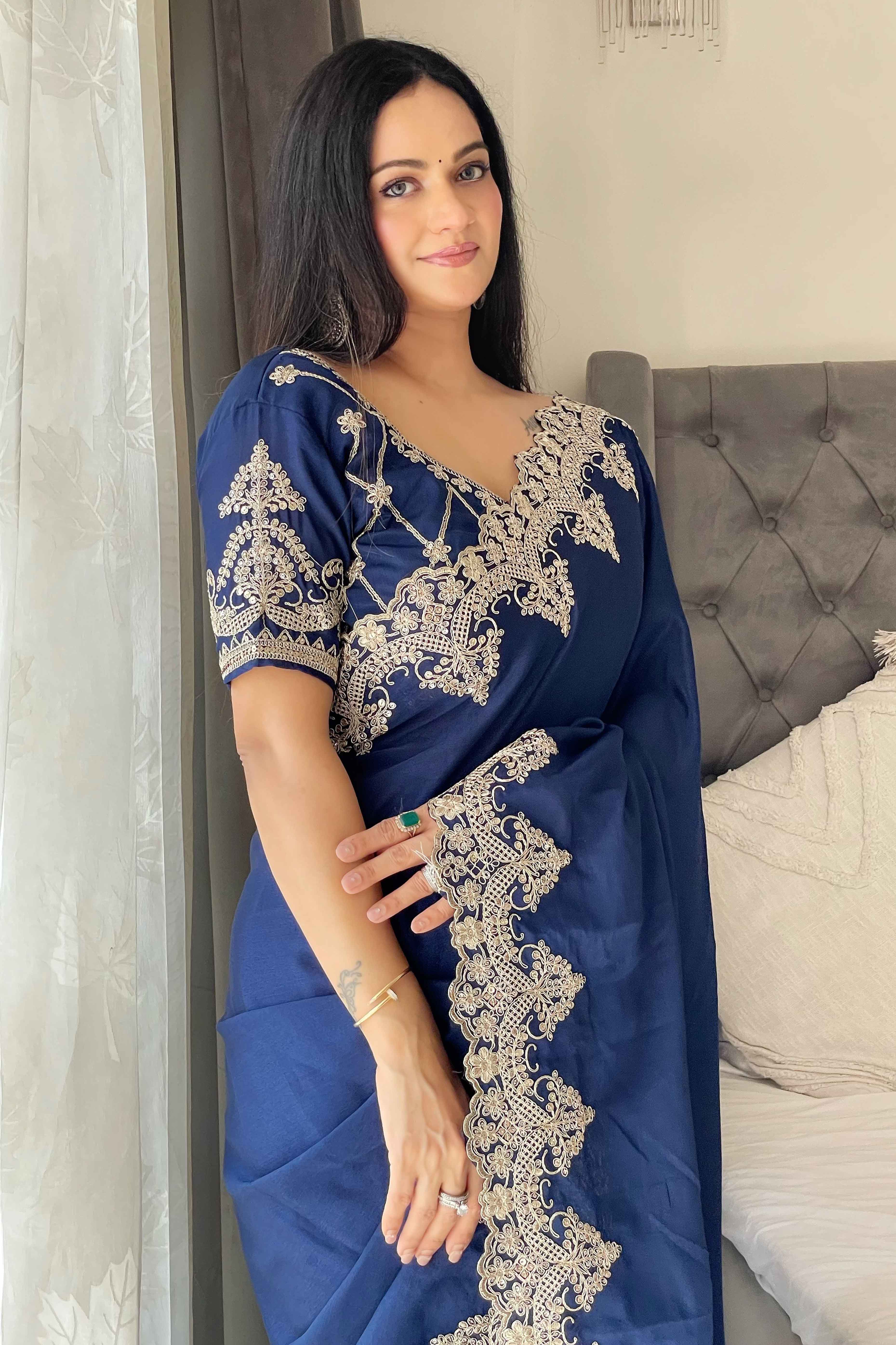 Navy Blue Chinon Silk Blend Saree With Intricate Sequins & Cording Embroidery