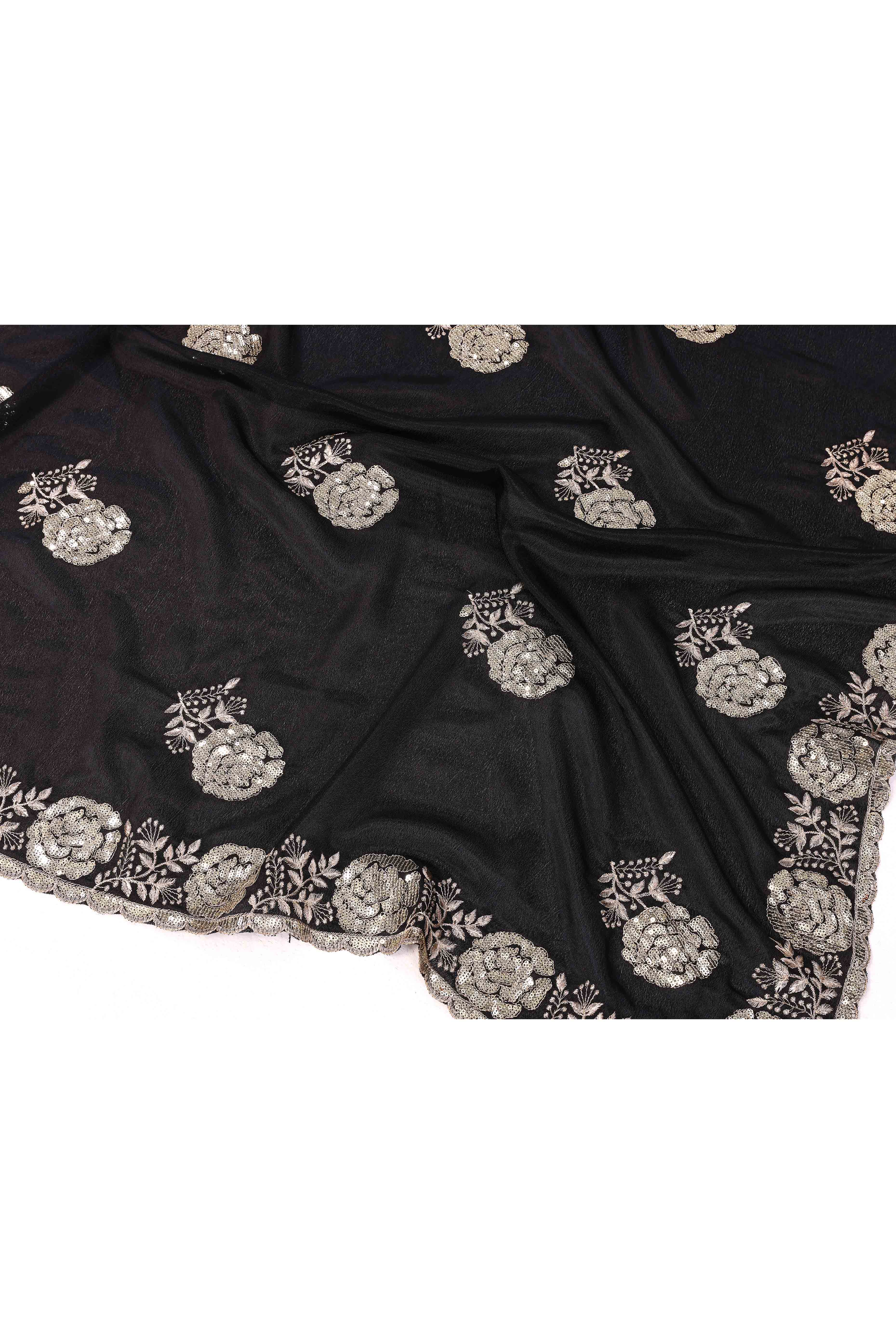 Black Saree Featuring Intricate Floral Embroidery With Sequins On Chinon Silk