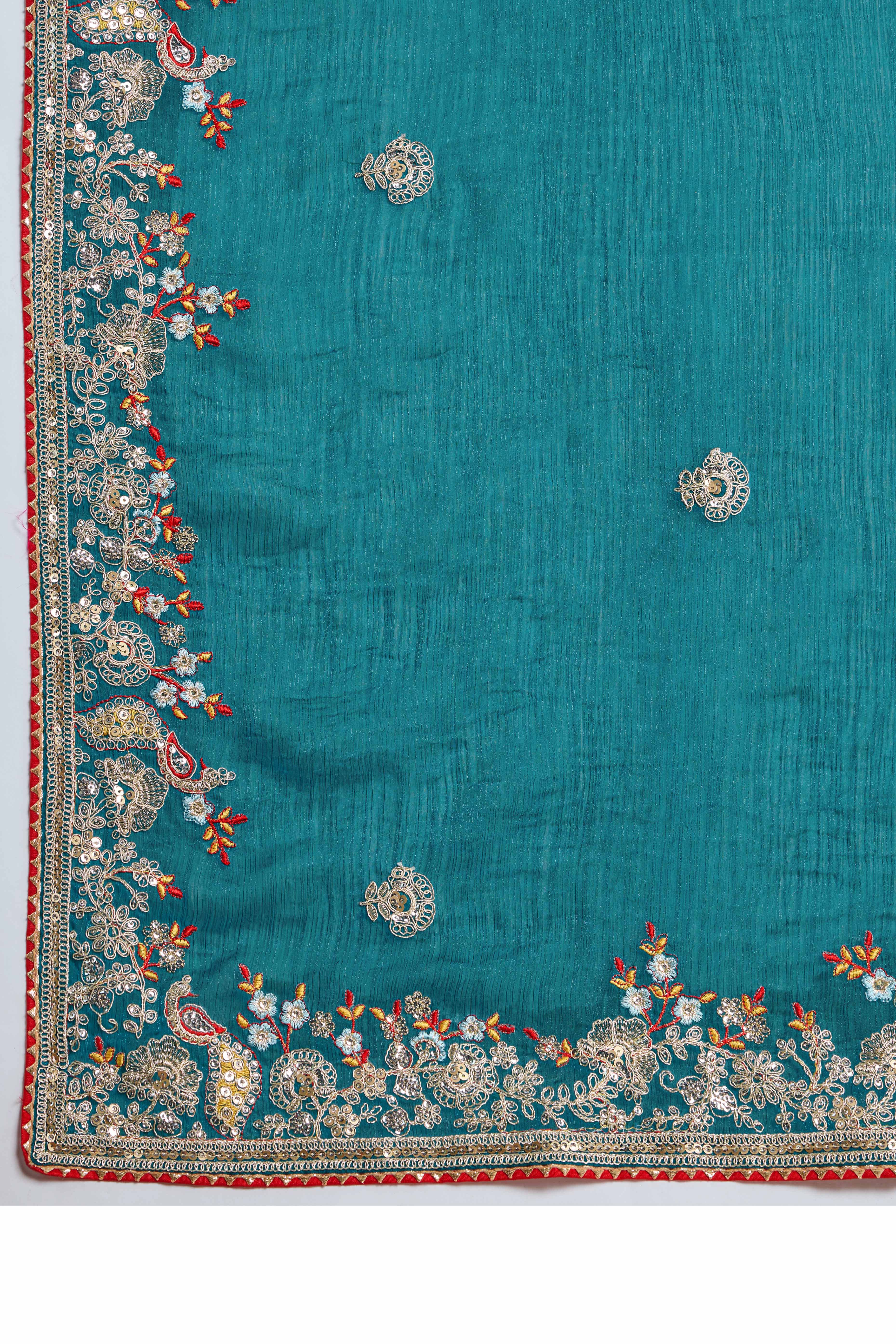 Rama Blue Chiffon Saree With intricate Floral Cording Embroidery & Shimmering Sequins Work