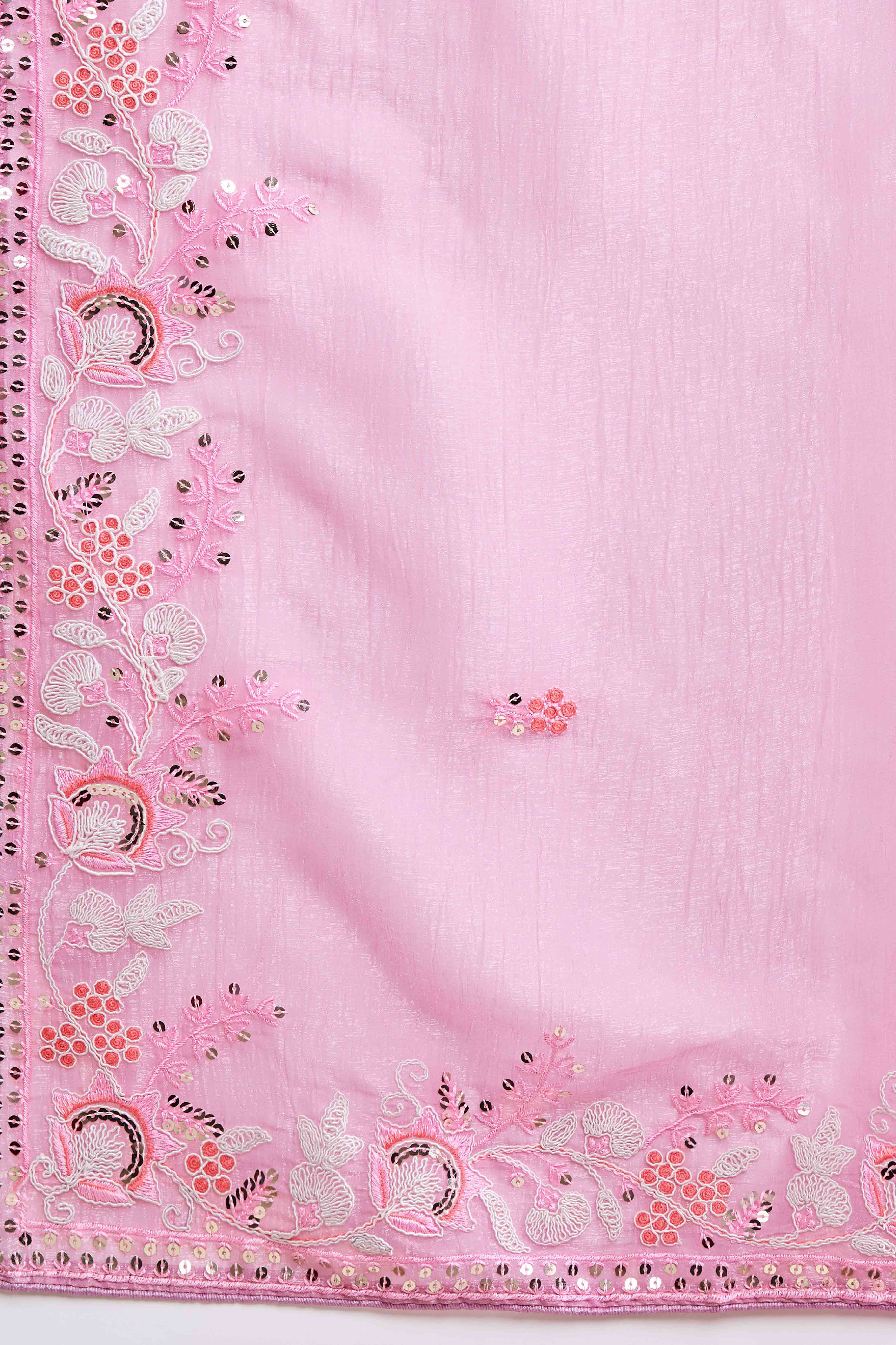Pink Floral Sequins Embroidered Organza Saree