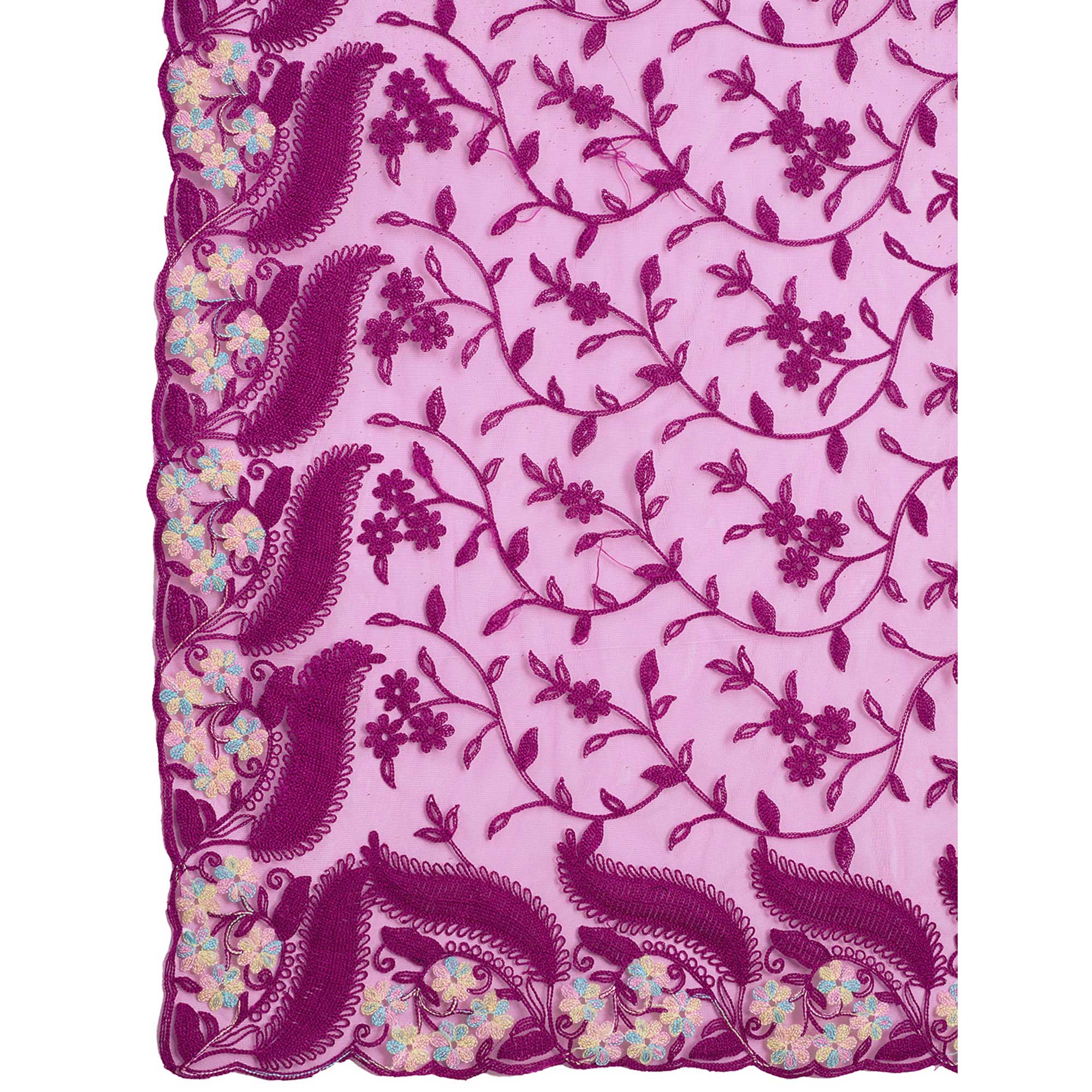 Purple Floral Thread Embroidered Net Saree