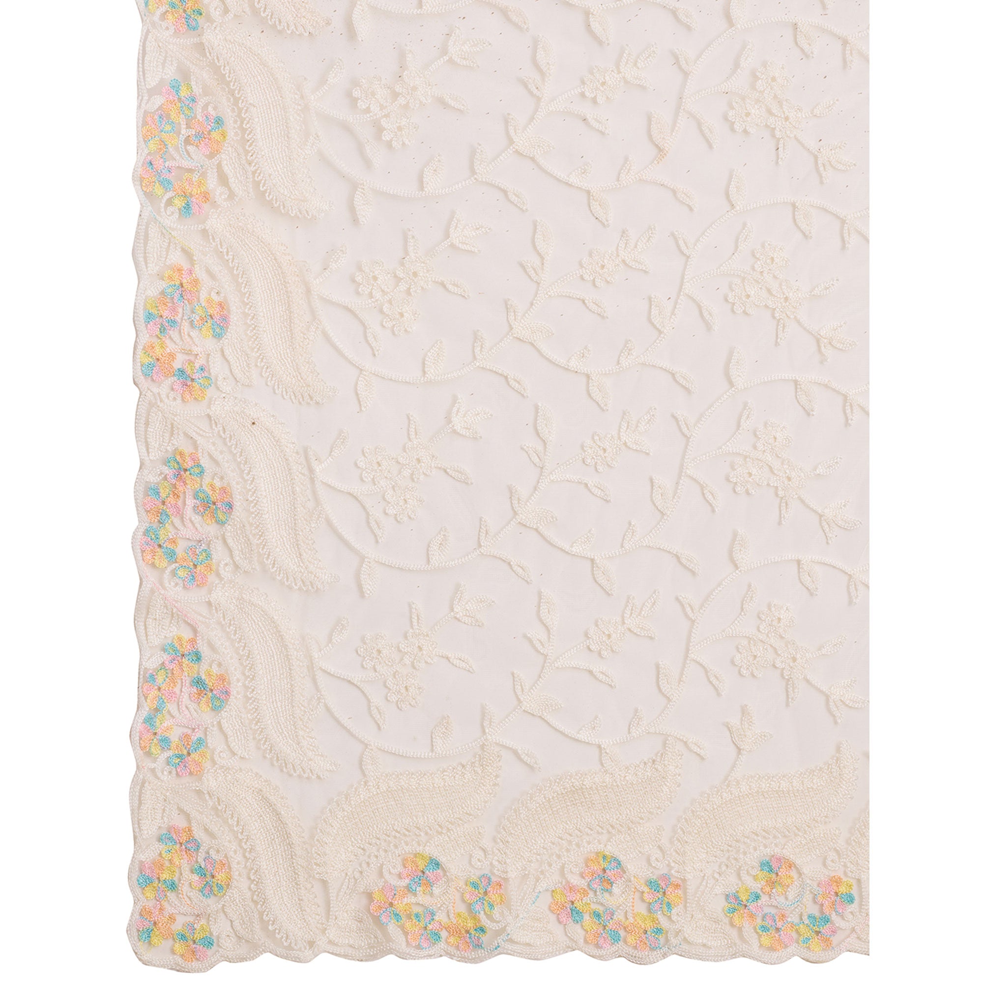 Cream Floral Thread Embroidered Net Saree