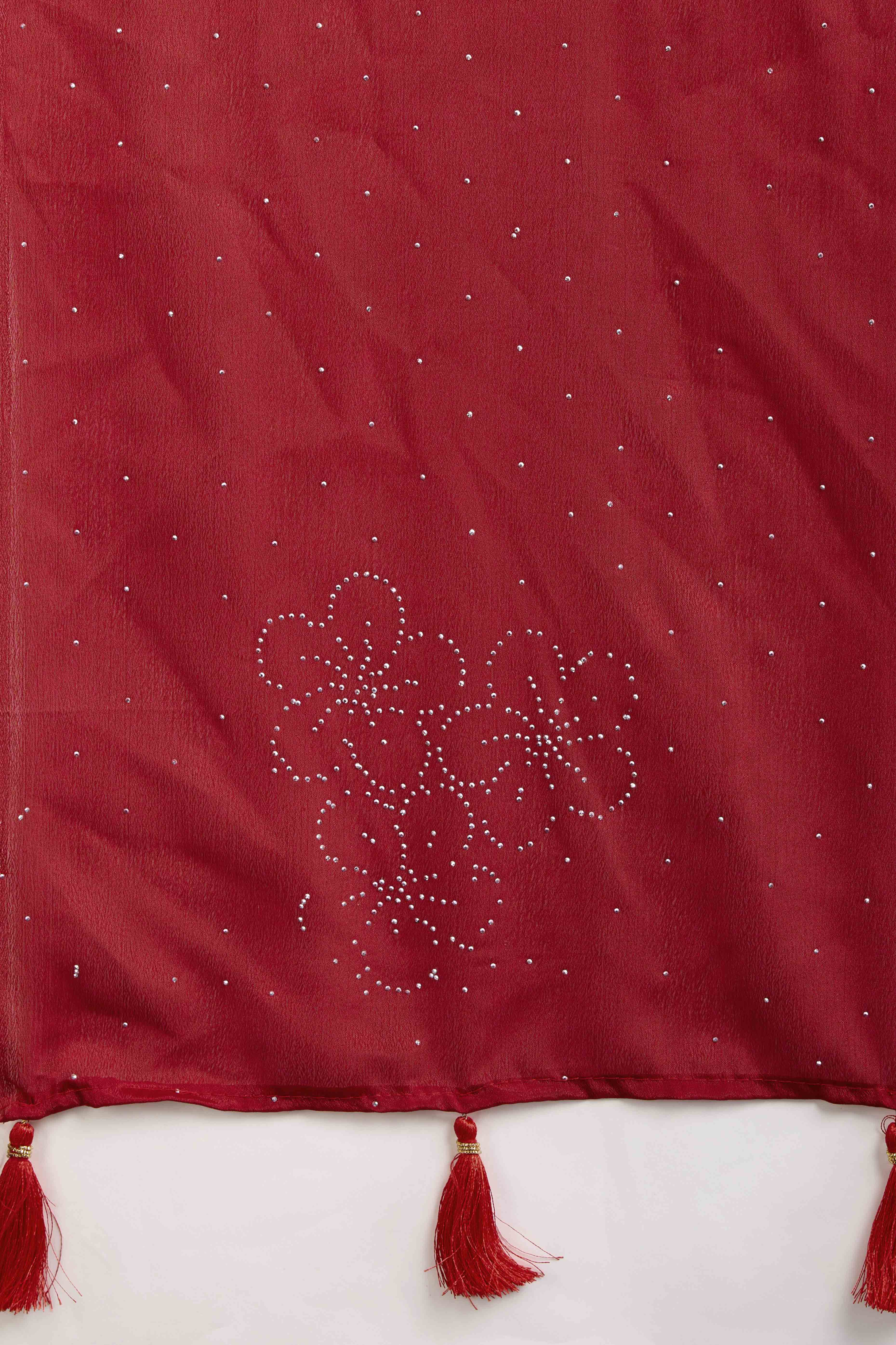 Red Floral Swarovski Work Rangoli Art Silk Ready To Wear Saree